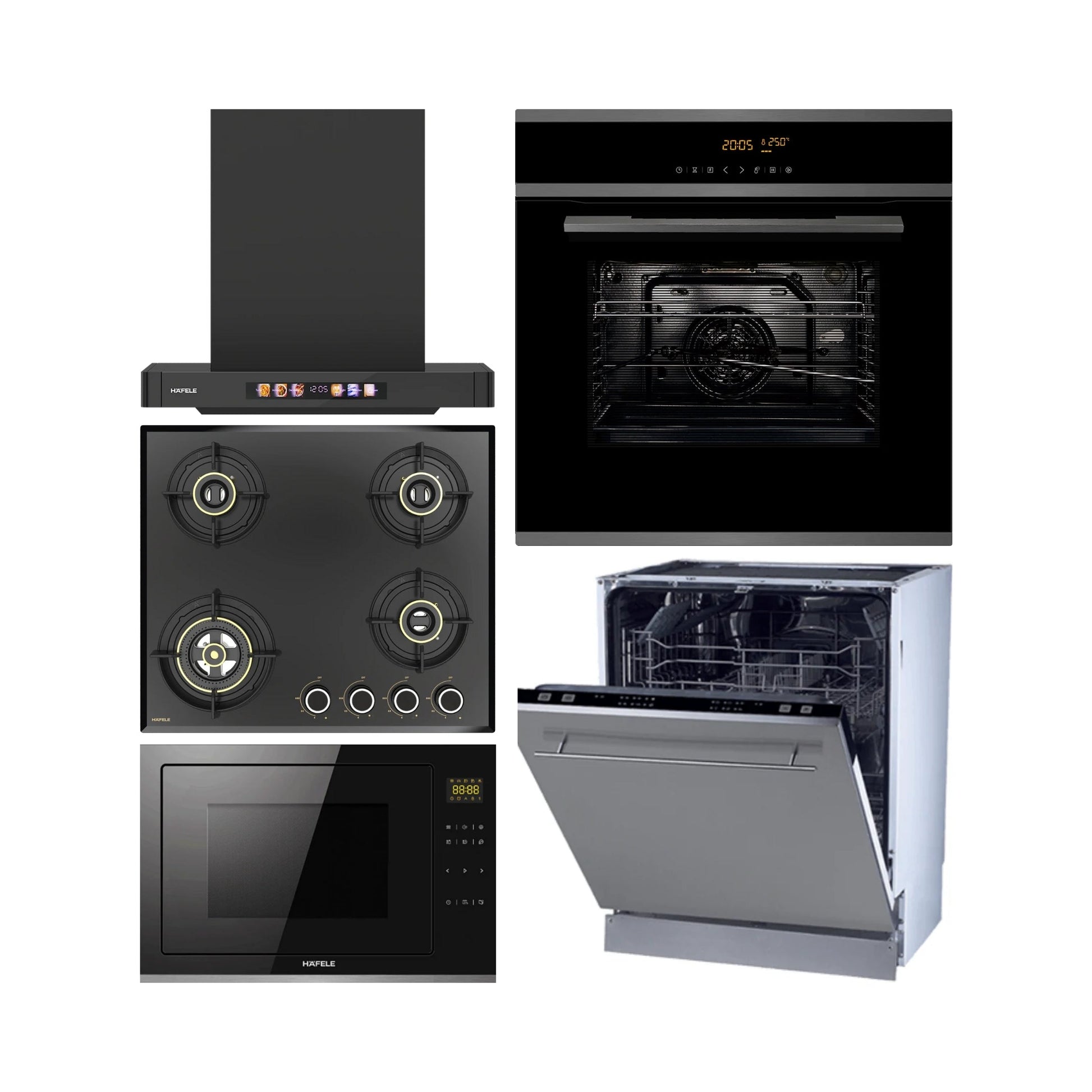 Hafele Built In Oven J70 BIO PLUS + Hafele Built-In Convection Microwave J34 MWO PLUS + Hafele 60 cm Wall Mounted Chimney TERESA T-60 BLDC + Hafele 60 cm 4 Burner Hob Altius Series ALTIUS FS 460 + Hafele Built In Dishwasher SERENE FI 02 with 14 Place Settings