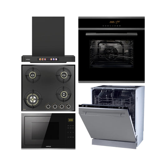 Hafele Built In Oven J70 BIO PLUS + Hafele Built-In Convection Microwave J34 MWO PLUS + Hafele 60 cm Wall Mounted Chimney TERESA T-60 BLDC + Hafele 60 cm 4 Burner Hob Altius Series ALTIUS FS 460 + Hafele Built In Dishwasher SERENE FI 02 with 14 Place Settings