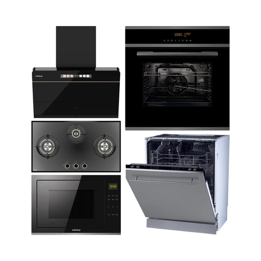Hafele Built In Oven J70 BIO PLUS + Hafele Built-In Convection Microwave J34 MWO PLUS + Hafele 75 cm Wall Mounted Chimney TERESA NEO I-75 BLDC + Hafele 78 cm 3 Burner Hob Altius Series ALTIUS FS 378 + Hafele Built In Dishwasher SERENE FI 02 with 14 Place Settings