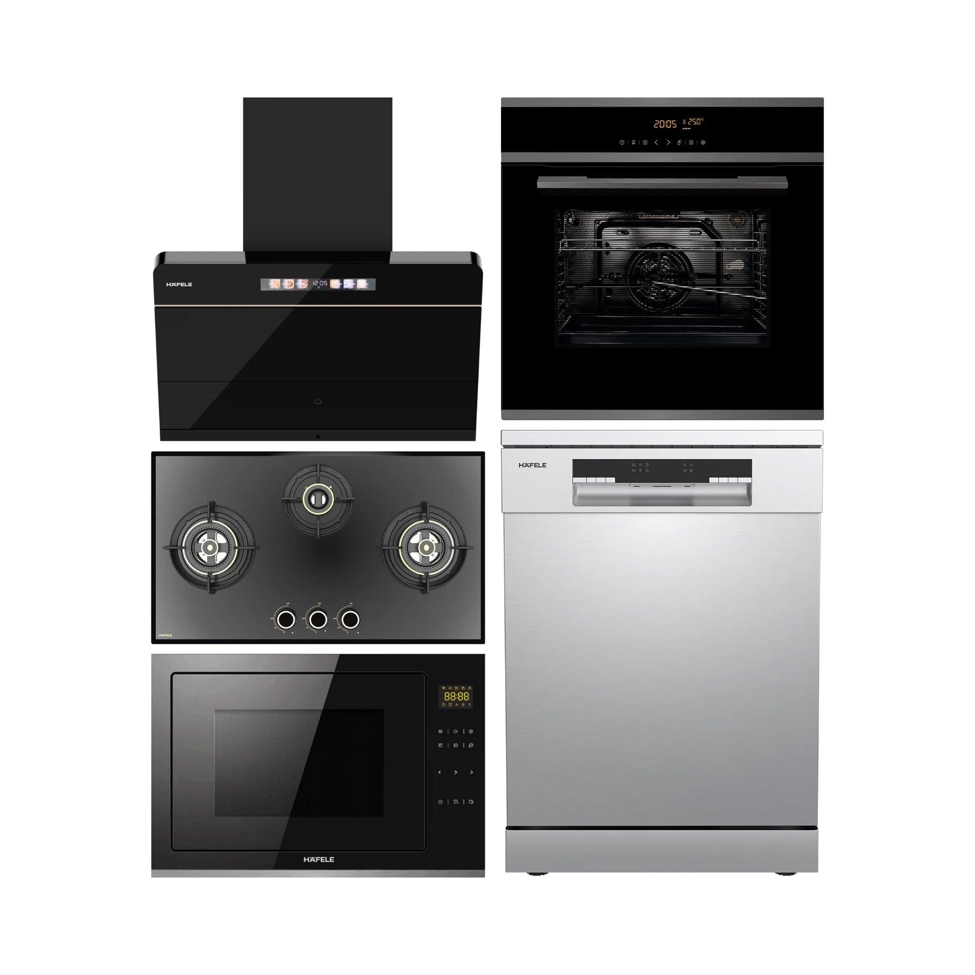 Hafele Built In Oven J70 BIO PLUS + Hafele Built-In Convection Microwave J34 MWO PLUS + Hafele 75 cm Wall Mounted Chimney TERESA NEO I-75 BLDC + Hafele 78 cm 3 Burner Hob Altius Series ALTIUS FS 378 + Hafele Free Standing Dishwasher AQUA CHROME 15 FS with 15 Place Settings