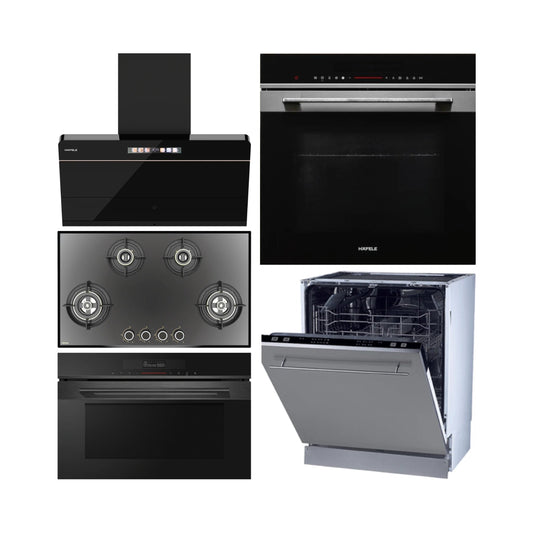 Hafele Built In Oven DIAMOND 77 BIO + Hafele Built-In Convection Microwave DIAMOND 34 MWO + Hafele 90 cm Wall Mounted Chimney TERESA NEO I-90 BLDC + Hafele 86 cm 4 Burner Hob Altius Series ALTIUS FS 490 + Hafele Built In Dishwasher SERENE FI 02 with 14 Place Settings