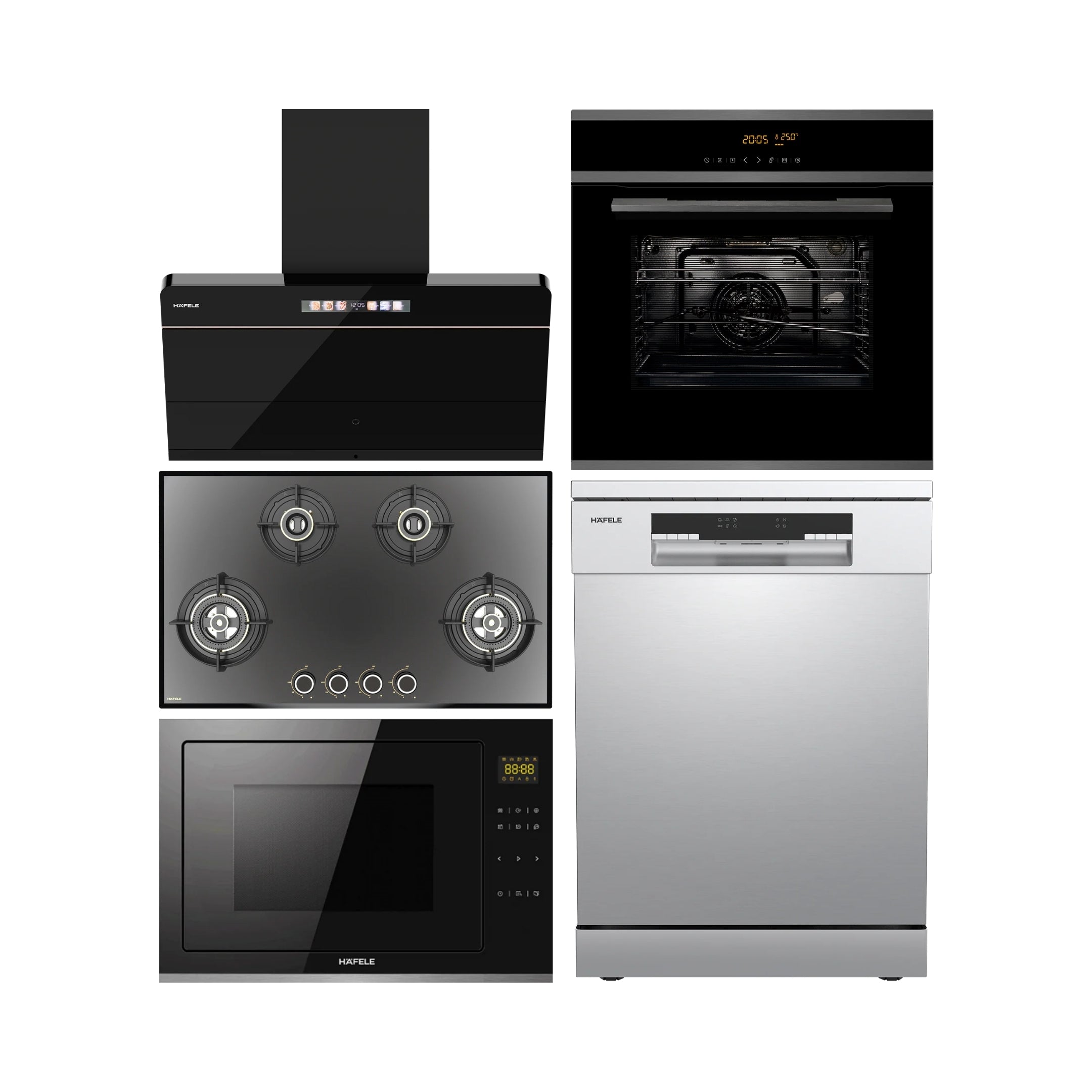 Hafele Built In Oven J70 BIO PLUS + Hafele Built-In Convection Microwave J34 MWO PLUS + Hafele 90 cm Wall Mounted Chimney TERESA NEO I-90 BLDC + Hafele 86 cm 4 Burner Hob Altius Series ALTIUS FS 490 + Hafele Free Standing Dishwasher AQUA CHROME 15 FS with 15 Place Settings