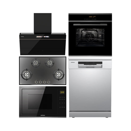 Hafele Built In Oven J70 BIO PLUS + Hafele Built-In Convection Microwave J34 MWO PLUS + Hafele 90 cm Wall Mounted Chimney TERESA NEO I-90 BLDC + Hafele 86 cm 4 Burner Hob Altius Series ALTIUS FS 490 + Hafele Free Standing Dishwasher AQUA CHROME 15 FS with 15 Place Settings