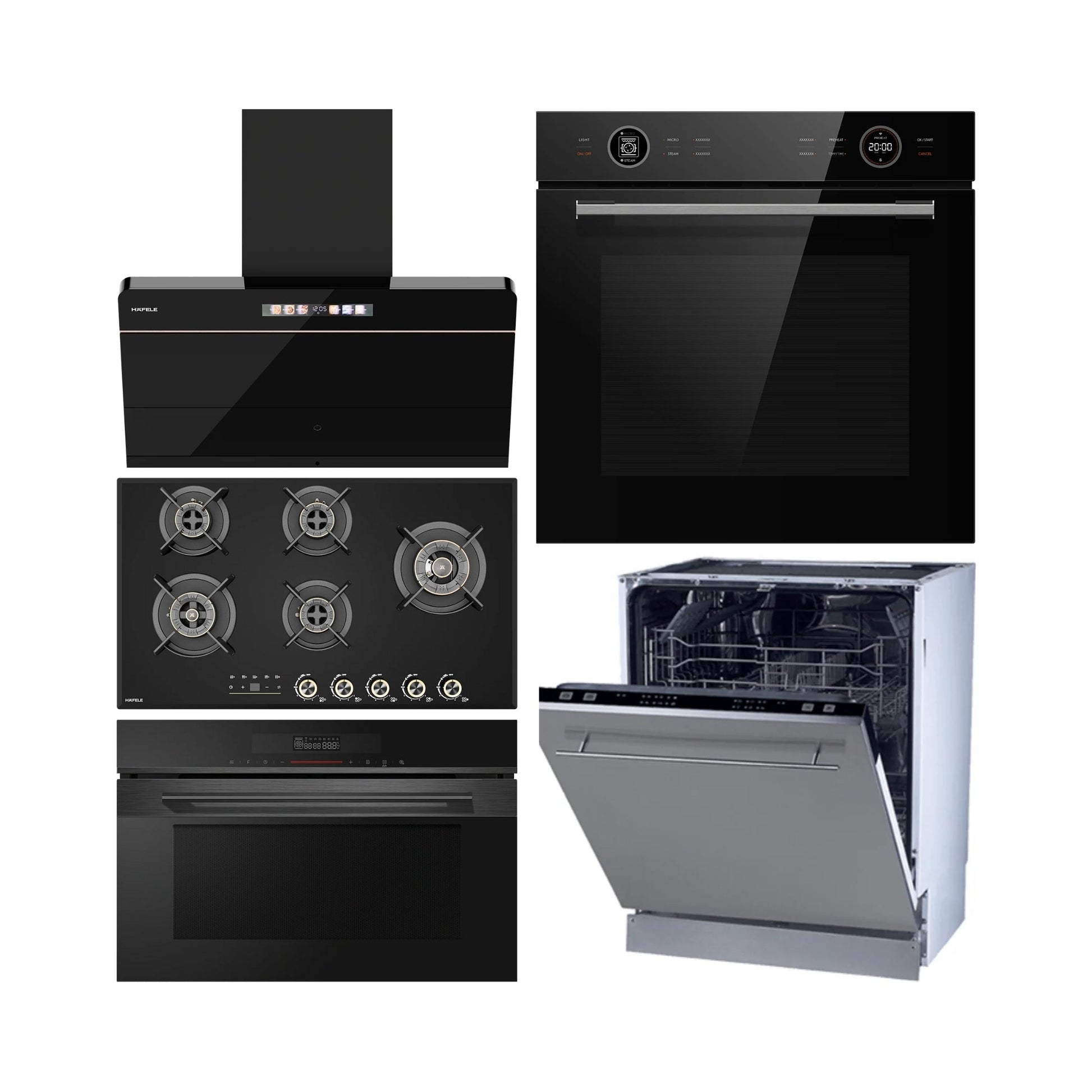 Hafele Built In Oven ORB 72 BIO + Hafele Built-In Convection Microwave DIAMOND 34 MWO + Hafele 90 cm Wall Mounted Chimney TERESA NEO I-90 BLDC + Hafele 90 cm 5 Burner Hob Cronus Series CRONUS 590 + Hafele Built In Dishwasher SERENE FI 02 with 14 Place Settings