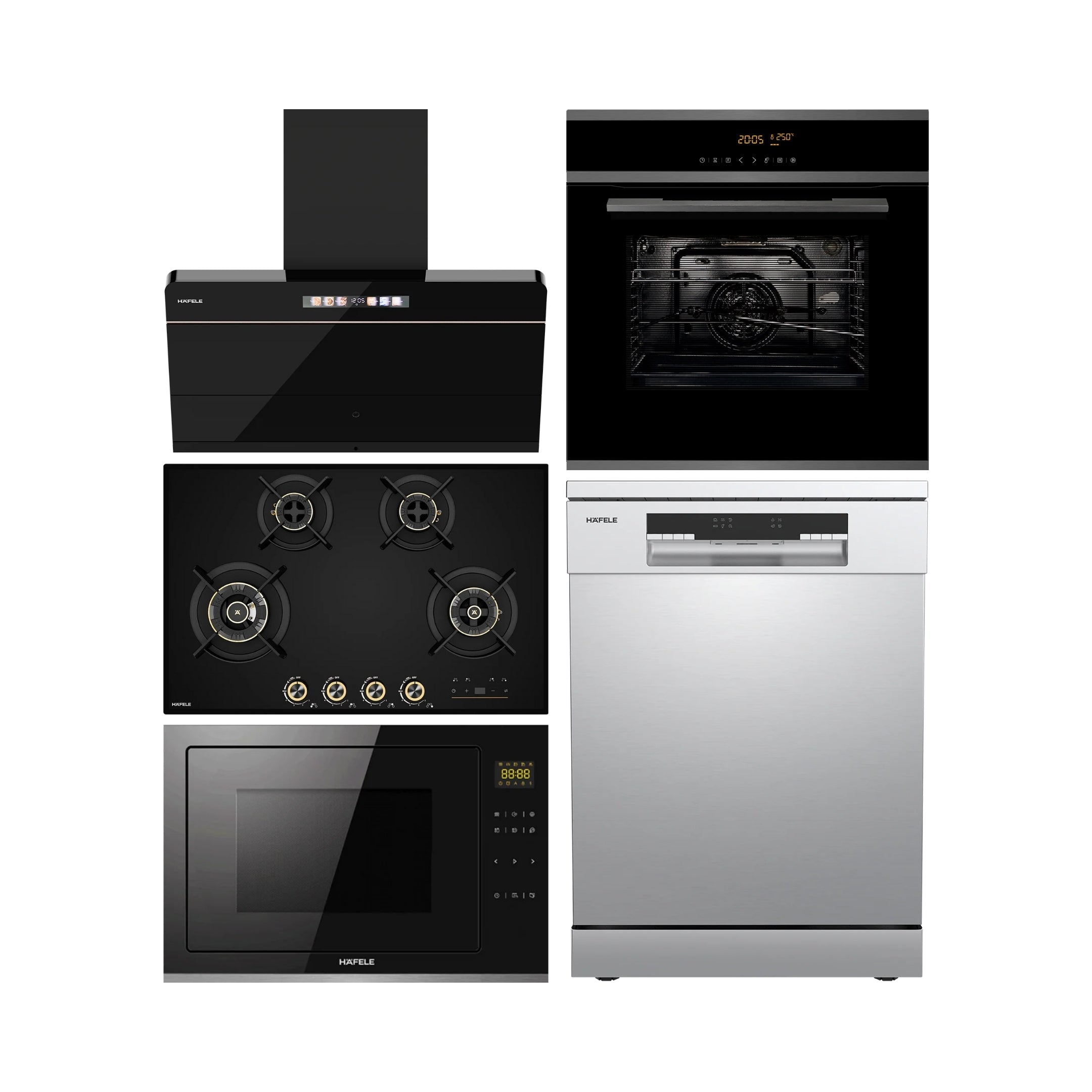 Hafele Built In Oven J70 BIO PLUS + Hafele Built-In Convection Microwave J34 MWO PLUS + Hafele 90 cm Wall Mounted Chimney TERESA NEO I-90 BLDC + Hafele 80 cm 4 Burner Hob Cronus Series CRONUS 480 + Hafele Free Standing Dishwasher AQUA CHROME 15 FS with 15 Place Settings