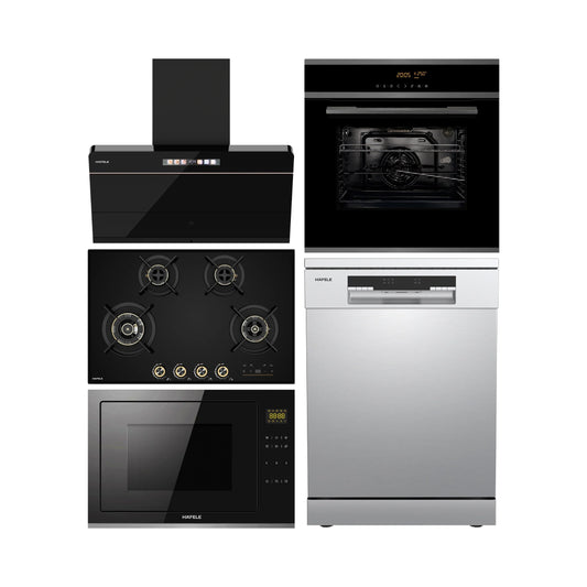 Hafele Built In Oven J70 BIO PLUS + Hafele Built-In Convection Microwave J34 MWO PLUS + Hafele 90 cm Wall Mounted Chimney TERESA NEO I-90 BLDC + Hafele 80 cm 4 Burner Hob Cronus Series CRONUS 480 + Hafele Free Standing Dishwasher AQUA CHROME 15 FS with 15 Place Settings