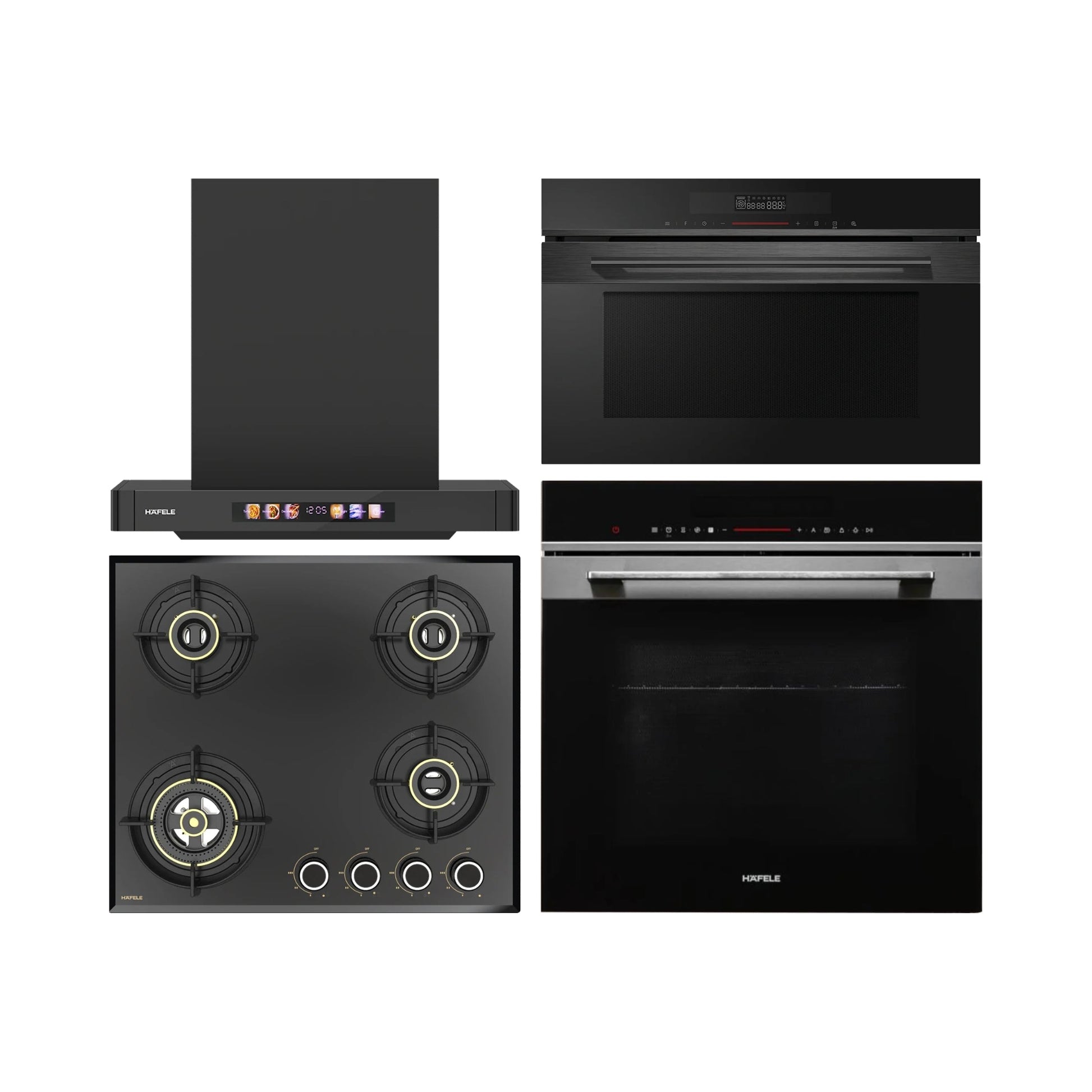 Hafele Built In Oven DIAMOND 77 BIO + Hafele Built-In Convection Microwave DIAMOND 34 MWO + Hafele 60 cm Wall Mounted Chimney TERESA T-60 BLDC + Hafele 60 cm 4 Burner Hob Altius Series ALTIUS FS 460