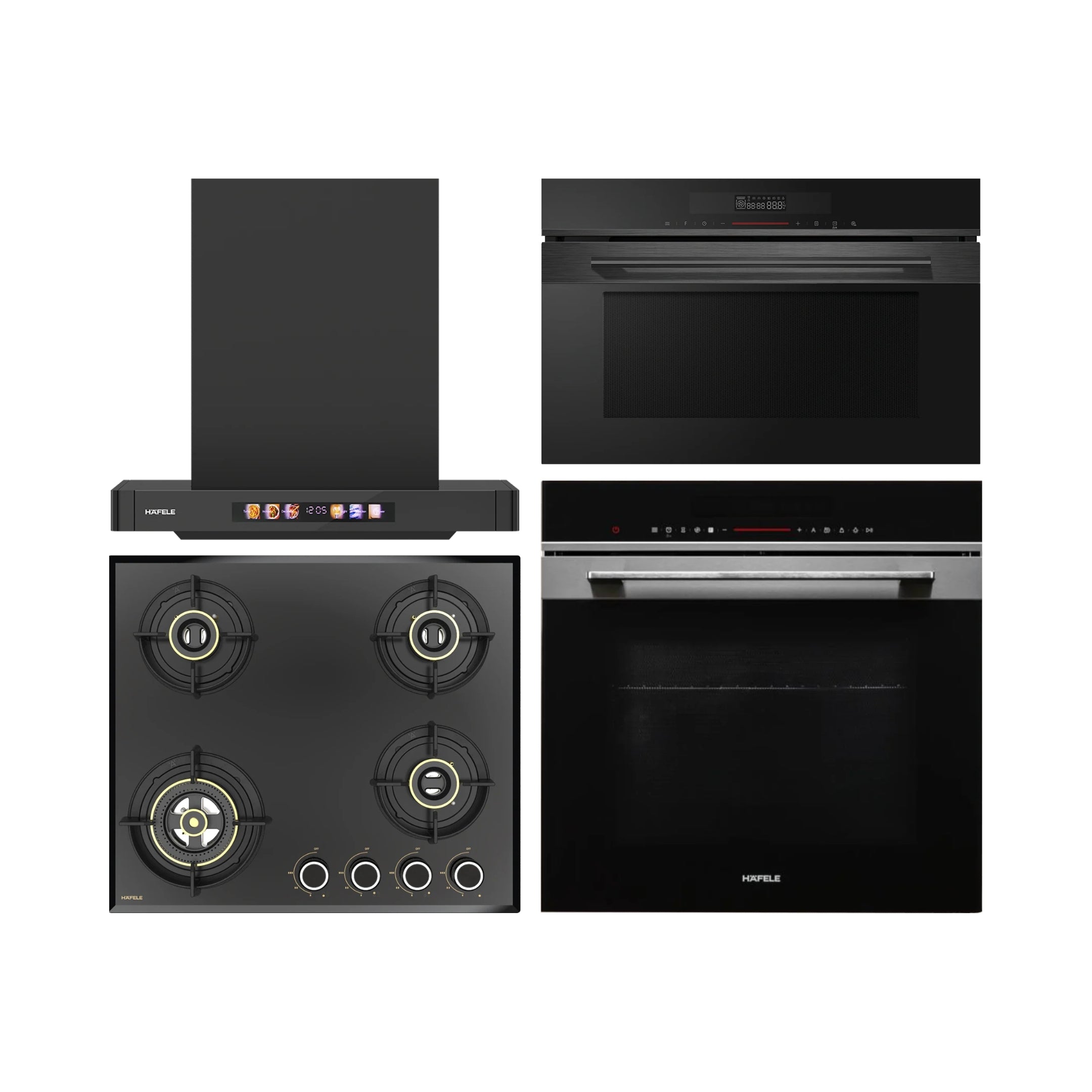 Hafele Built In Oven DIAMOND 77 BIO + Hafele Built-In Convection Microwave DIAMOND 34 MWO + Hafele 60 cm Wall Mounted Chimney TERESA T-60 BLDC + Hafele 60 cm 4 Burner Hob Altius Series ALTIUS FS 460