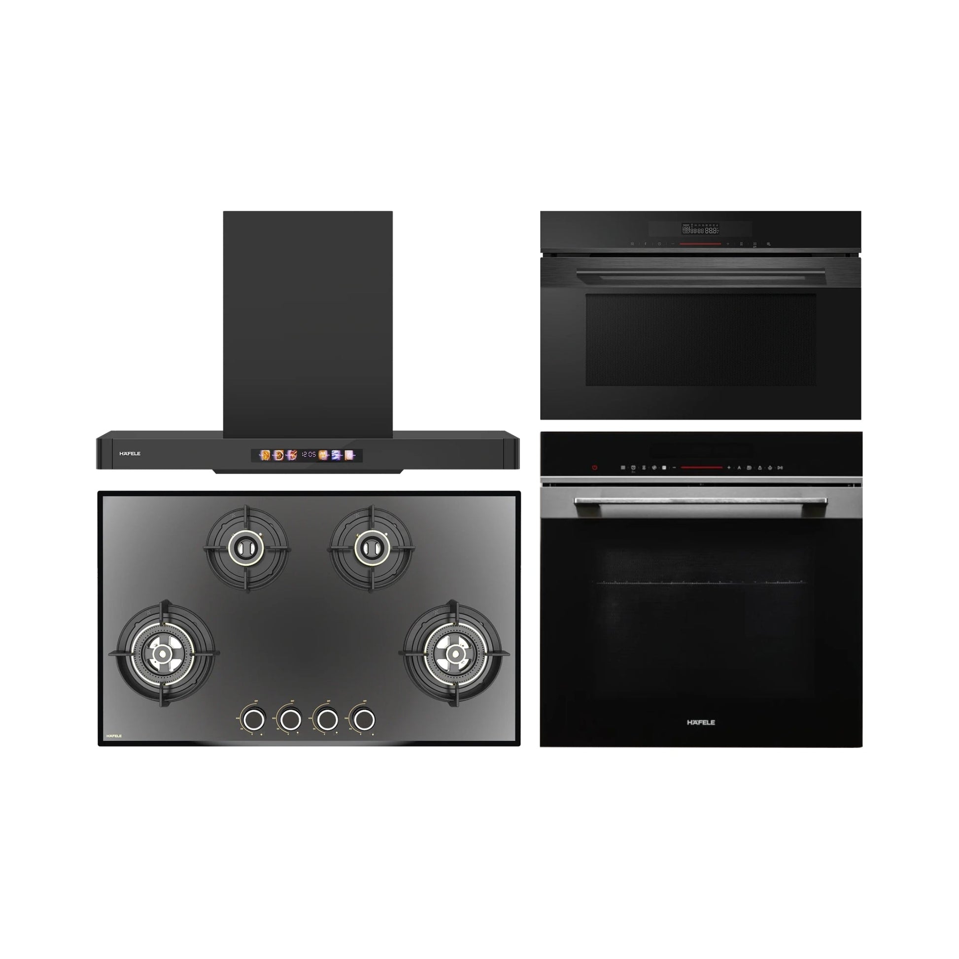 Hafele Built In Oven DIAMOND 77 BIO + Hafele Built-In Convection Microwave DIAMOND 34 MWO + Hafele 90 cm Wall Mounted Chimney TERESA T-90 BLDC + Hafele 86 cm 4 Burner Hob Altius Series ALTIUS FS 490