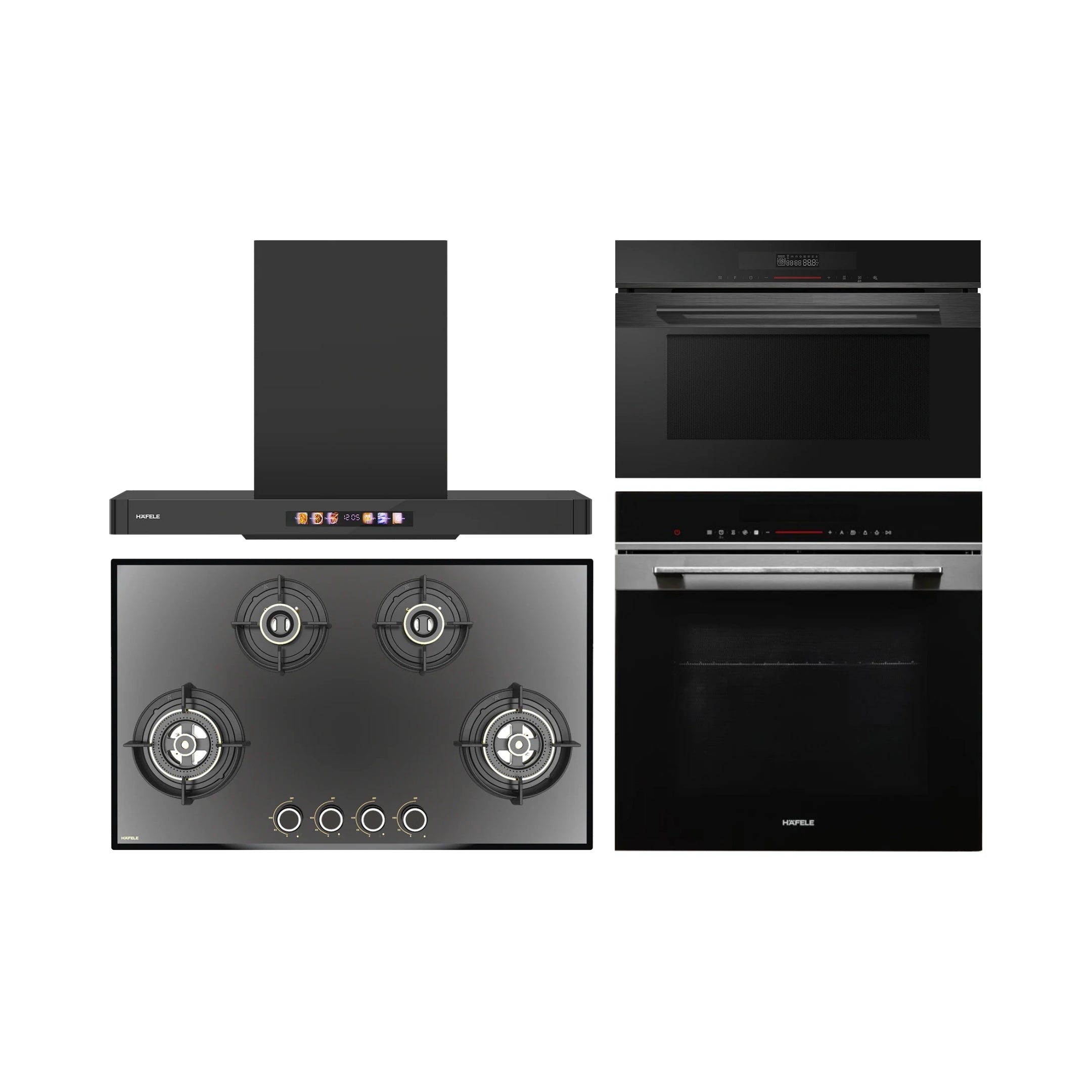 Hafele Built In Oven DIAMOND 77 BIO + Hafele Built-In Convection Microwave DIAMOND 34 MWO + Hafele 90 cm Wall Mounted Chimney TERESA T-90 BLDC + Hafele 86 cm 4 Burner Hob Altius Series ALTIUS FS 490