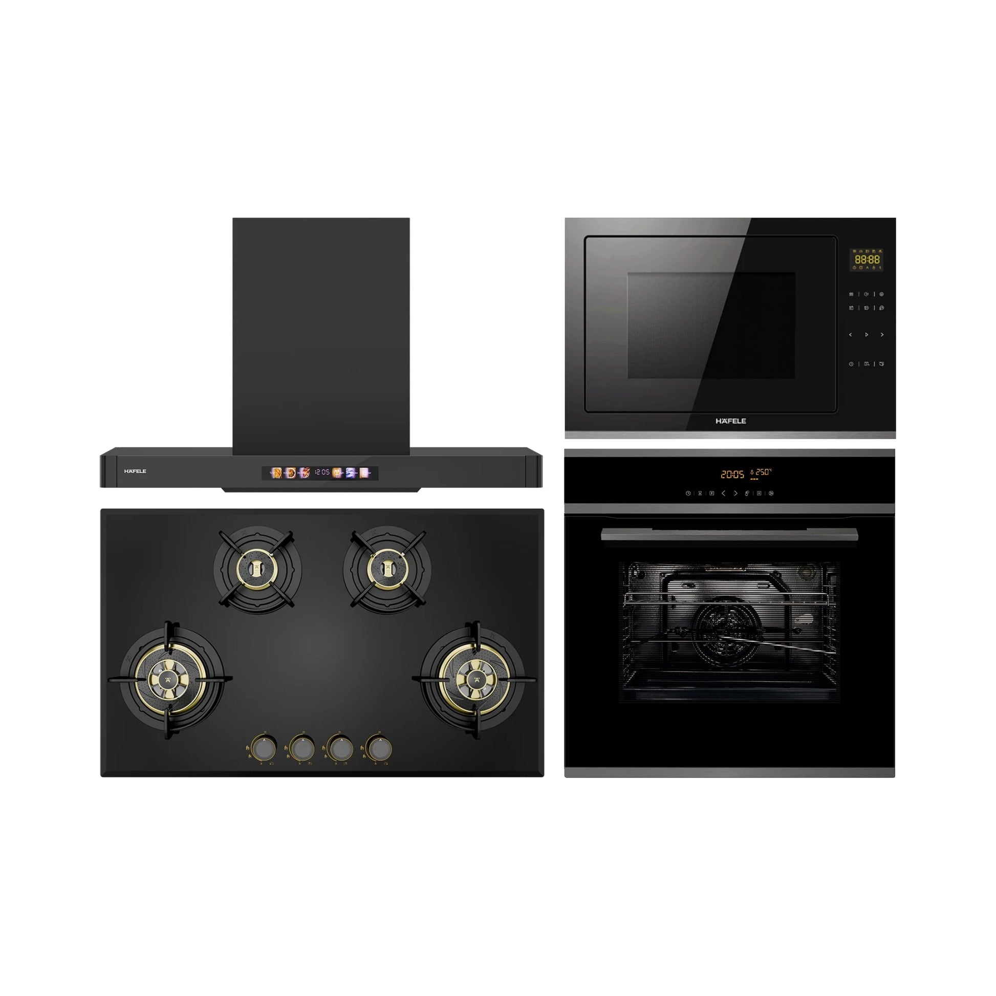 Hafele Built In Oven J70 BIO PLUS + Hafele Built-In Convection Microwave J34 MWO PLUS + Hafele 90 cm Wall Mounted Chimney TERESA T-90 BLDC + Hafele 86 cm 4 Burner Hob Altius Plus Series ALTIUS PLUS 490