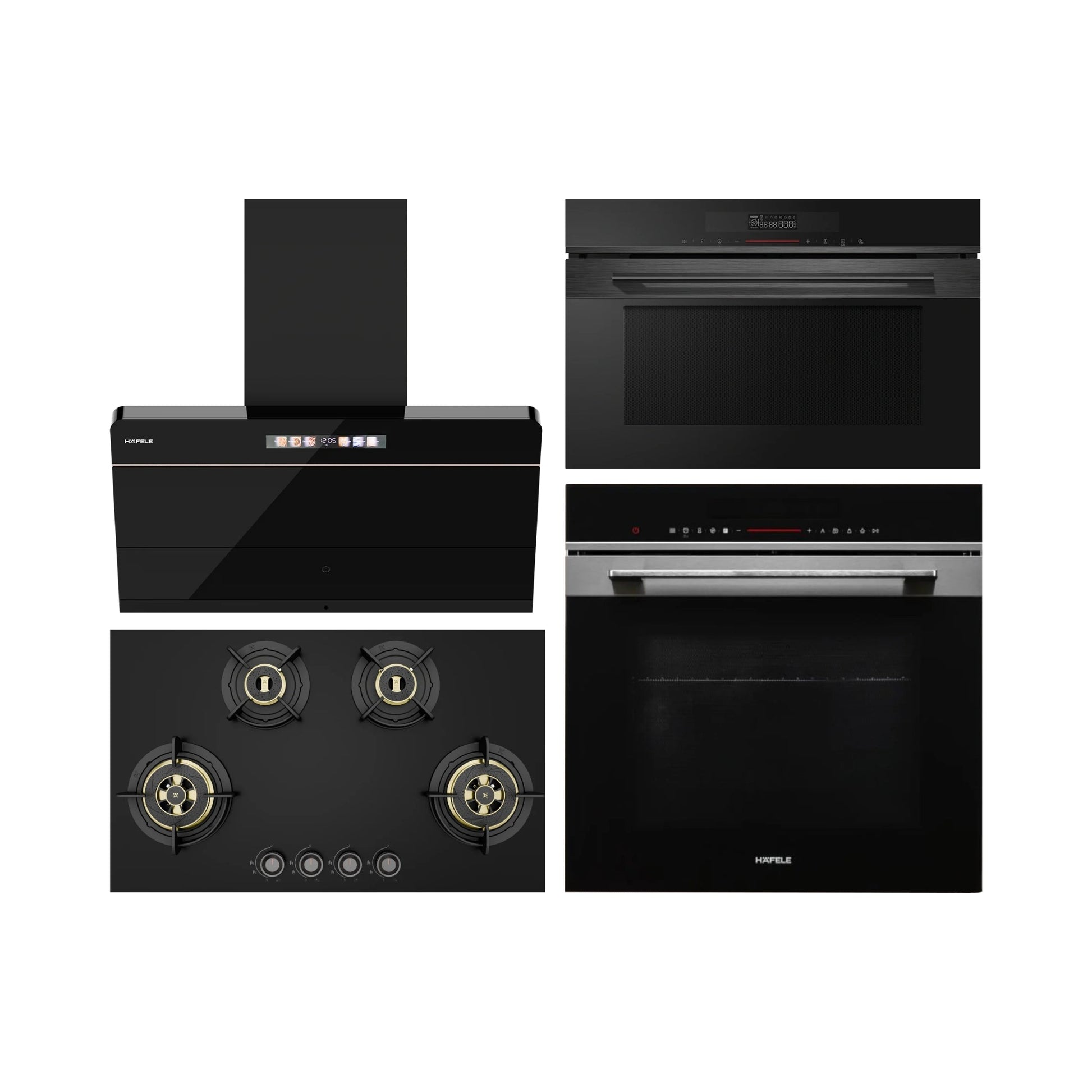 Hafele Built In Oven DIAMOND 77 BIO + Hafele Built-In Convection Microwave DIAMOND 34 MWO + Hafele 90 cm Wall Mounted Chimney TERESA NEO I-90 BLDC + Hafele 86 cm 4 Burner Hob Altius Plus Matt Series ALTIUS PLUS MATT GLASS 490