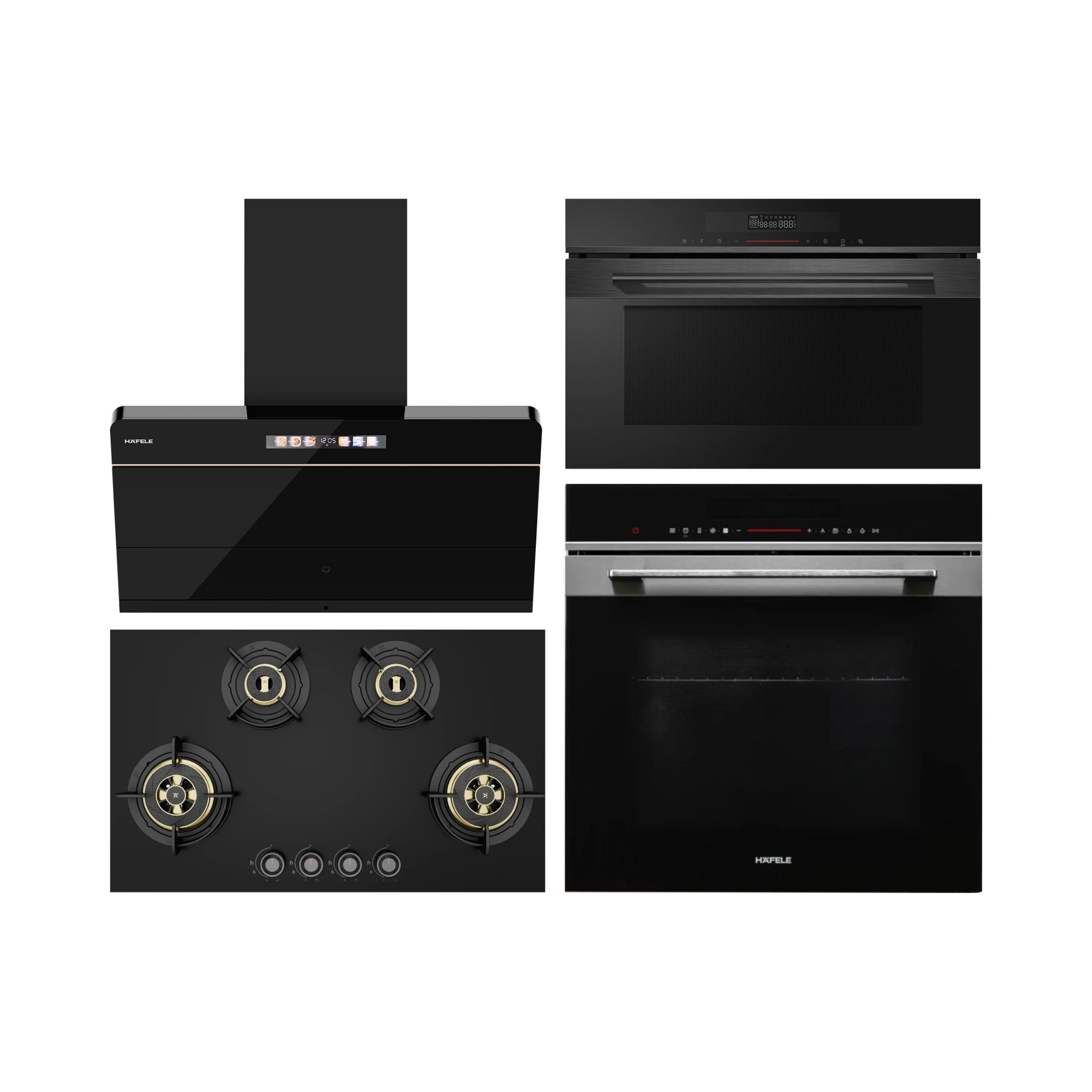 Hafele Built In Oven DIAMOND 77 BIO + Hafele Built-In Convection Microwave DIAMOND 34 MWO + Hafele 90 cm Wall Mounted Chimney TERESA NEO I-90 BLDC + Hafele 86 cm 4 Burner Hob Altius Plus Matt Series ALTIUS PLUS MATT GLASS 490
