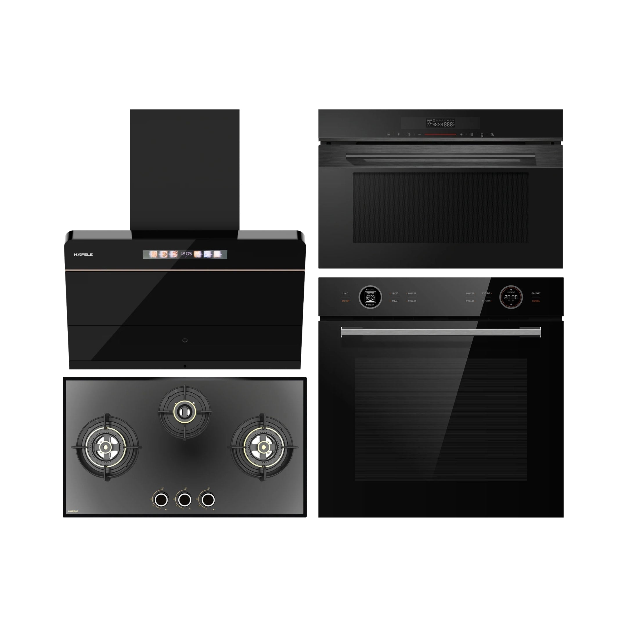 Hafele Built In Oven ORB 72 BIO + Hafele Built-In Convection Microwave DIAMOND 34 MWO + Hafele 75 cm Wall Mounted Chimney TERESA NEO I-75 BLDC + Hafele 78 cm 3 Burner Hob Altius Series ALTIUS FS 378