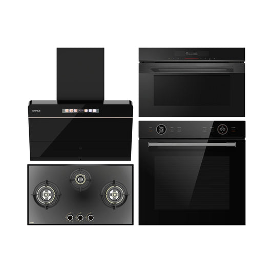 Hafele Built In Oven ORB 72 BIO + Hafele Built-In Convection Microwave DIAMOND 34 MWO + Hafele 75 cm Wall Mounted Chimney TERESA NEO I-75 BLDC + Hafele 78 cm 3 Burner Hob Altius Series ALTIUS FS 378