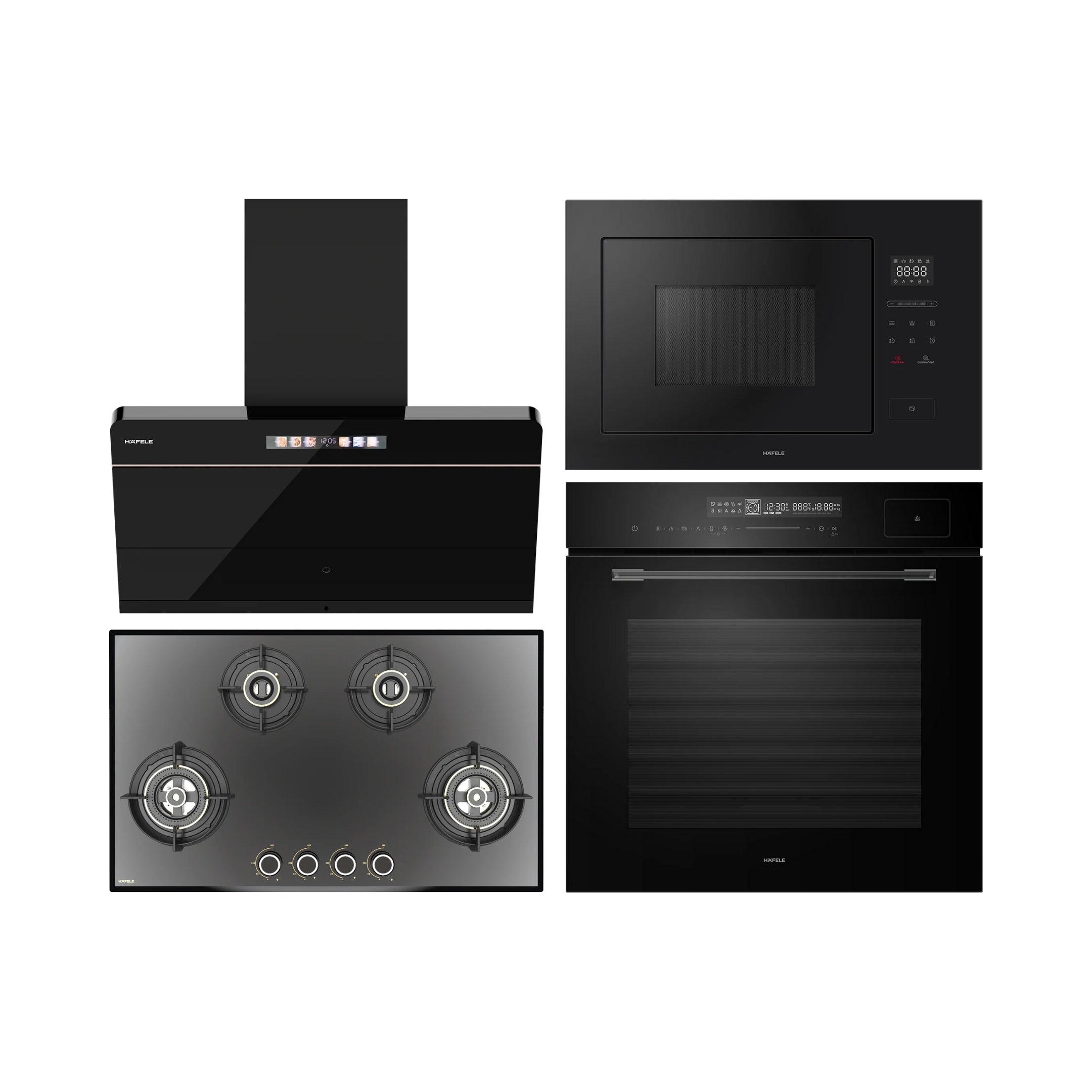 Hafele Built In Oven with Full Steam MIDORA FULL STEAM OVEN + Hafele Built-In Microwave ENZO + Hafele 90 cm Wall Mounted Chimney TERESA NEO I-90 BLDC + Hafele 86 cm 4 Burner Hob Altius Series ALTIUS FS 490