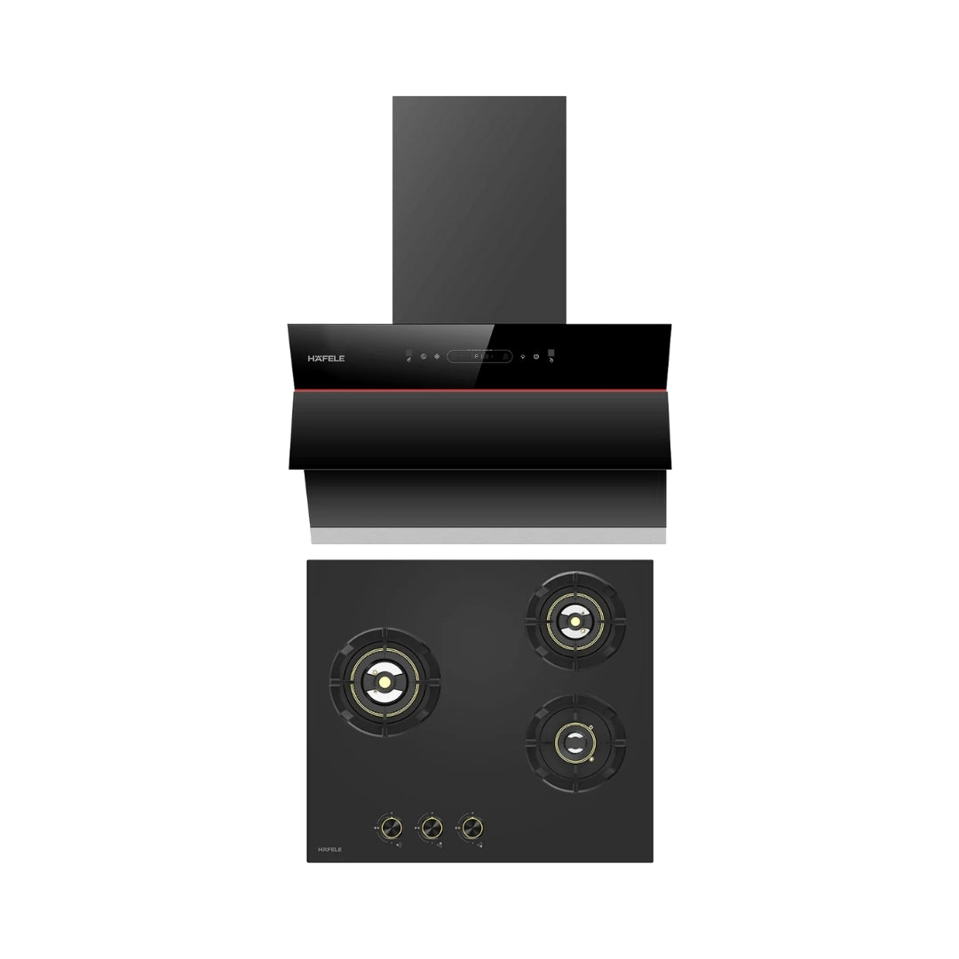 Hafele 60 cm Wall Mounted Chimney Essentia Series RENATA INCLINED 60 + Hafele 60 cm 3 Burner Hob Essentia Series VERENA 360