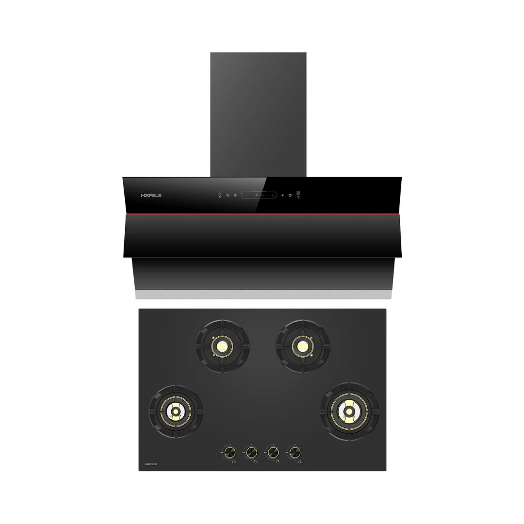 Hafele 90 cm Wall Mounted Chimney Essentia Series RENATA INCLINED 90 + Hafele 80 cm 4 Burner Hob Essentia Series AUGUSTA 480