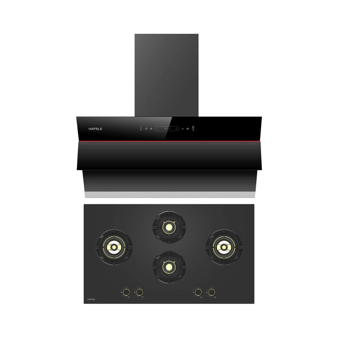 Hafele 90 cm Wall Mounted Chimney Essentia Series RENATA INCLINED 90 + Hafele 90 cm 4 Burner Hob Essentia Series AUGUSTA 490
