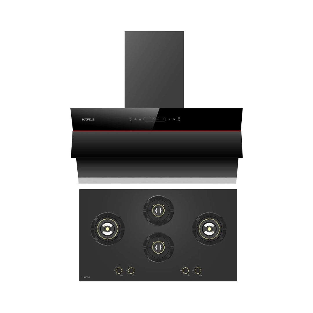 Hafele 90 cm Wall Mounted Chimney Essentia Series RENATA INCLINED 90 + Hafele 90 cm 4 Burner Hob Essentia Series VERENA 490