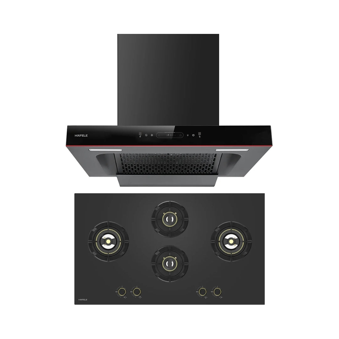 Hafele 90 cm Wall Mounted Chimney Essentia Series RENATA T-90 HOOD + Hafele 90 cm 4 Burner Hob Essentia Series VERENA 490