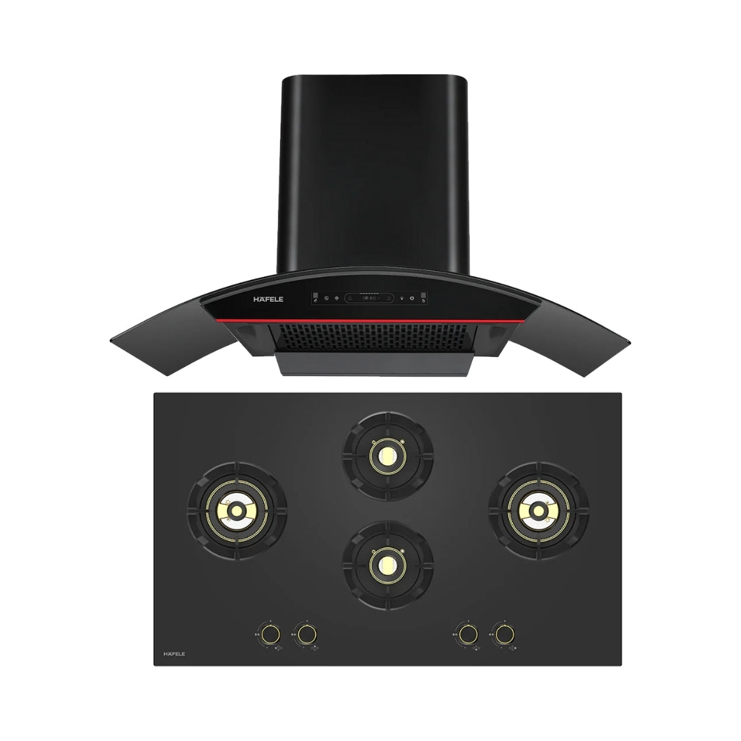Hafele 90 cm Wall Mounted Chimney Essentia Series RENATA CURVED 90 + Hafele 90 cm 4 Burner Hob Essentia Series AUGUSTA 490
