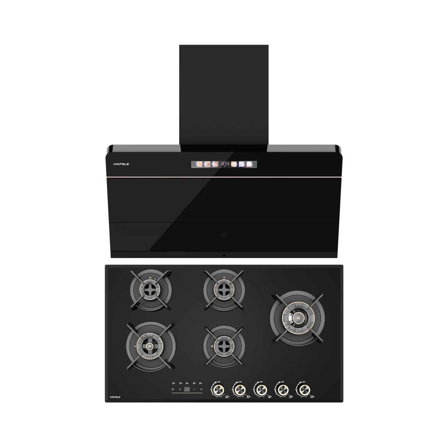 Hafele 90 cm Wall Mounted Chimney TERESA NEO I-90 BLDC + Hafele 90 cm 5 Burner Hob Cronus Series CRONUS 590
