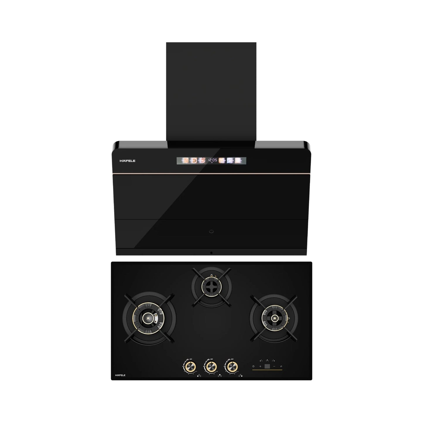 Hafele 75 cm Wall Mounted Chimney TERESA NEO I-75 BLDC + Hafele 75 cm 3 Burner Hob Cronus Series CRONUS 378