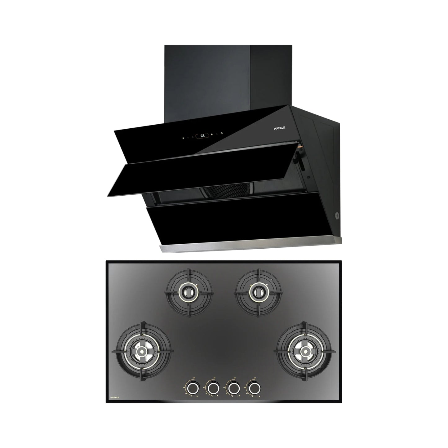 Hafele 90 cm Wall Mounted Chimney AELLA 90 + Hafele 86 cm 4 Burner Hob Altius Series ALTIUS FS 490