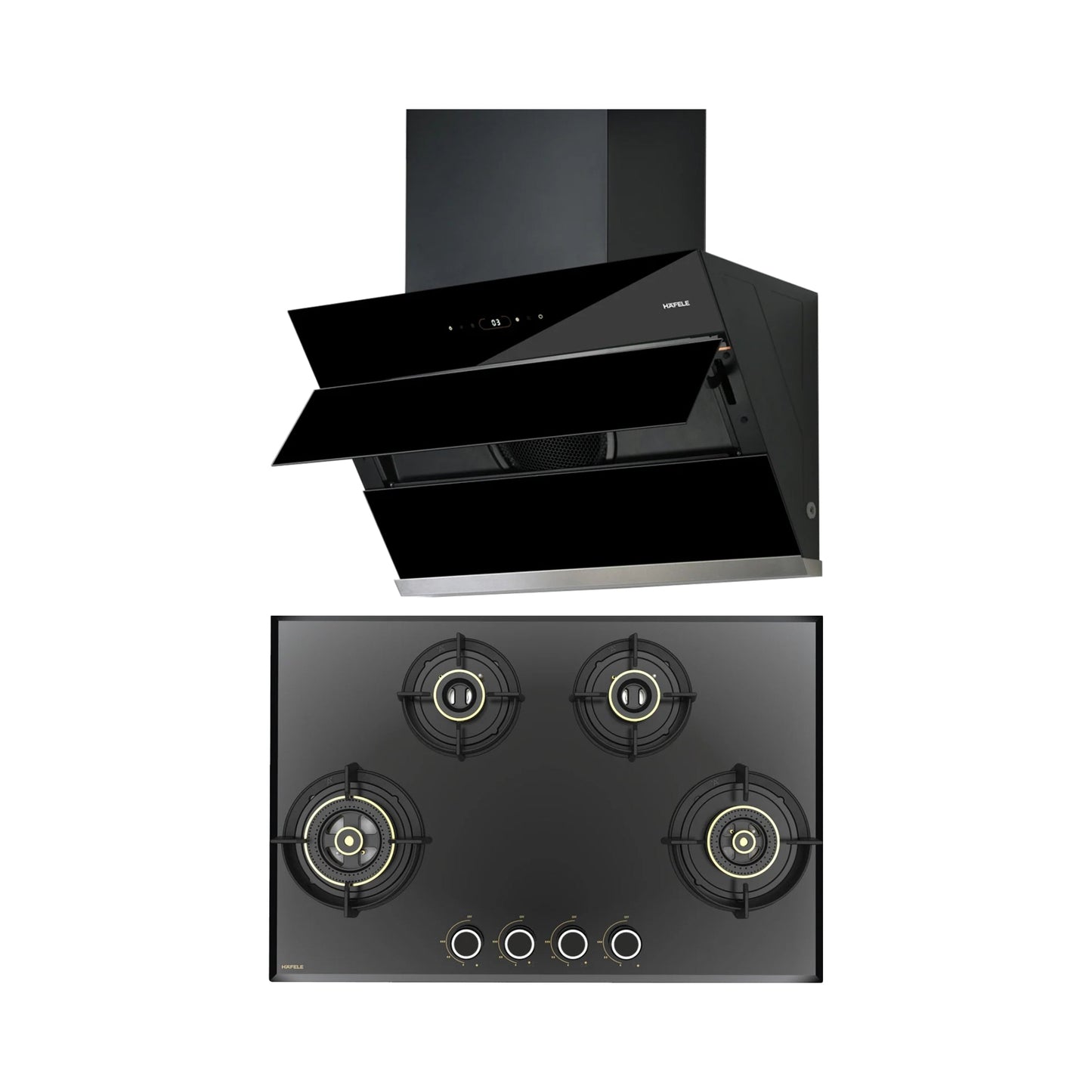 Hafele 90 cm Wall Mounted Chimney AELLA 90 + Hafele 78 cm 4 Burner Hob Altius Series ALTIUS FS 480
