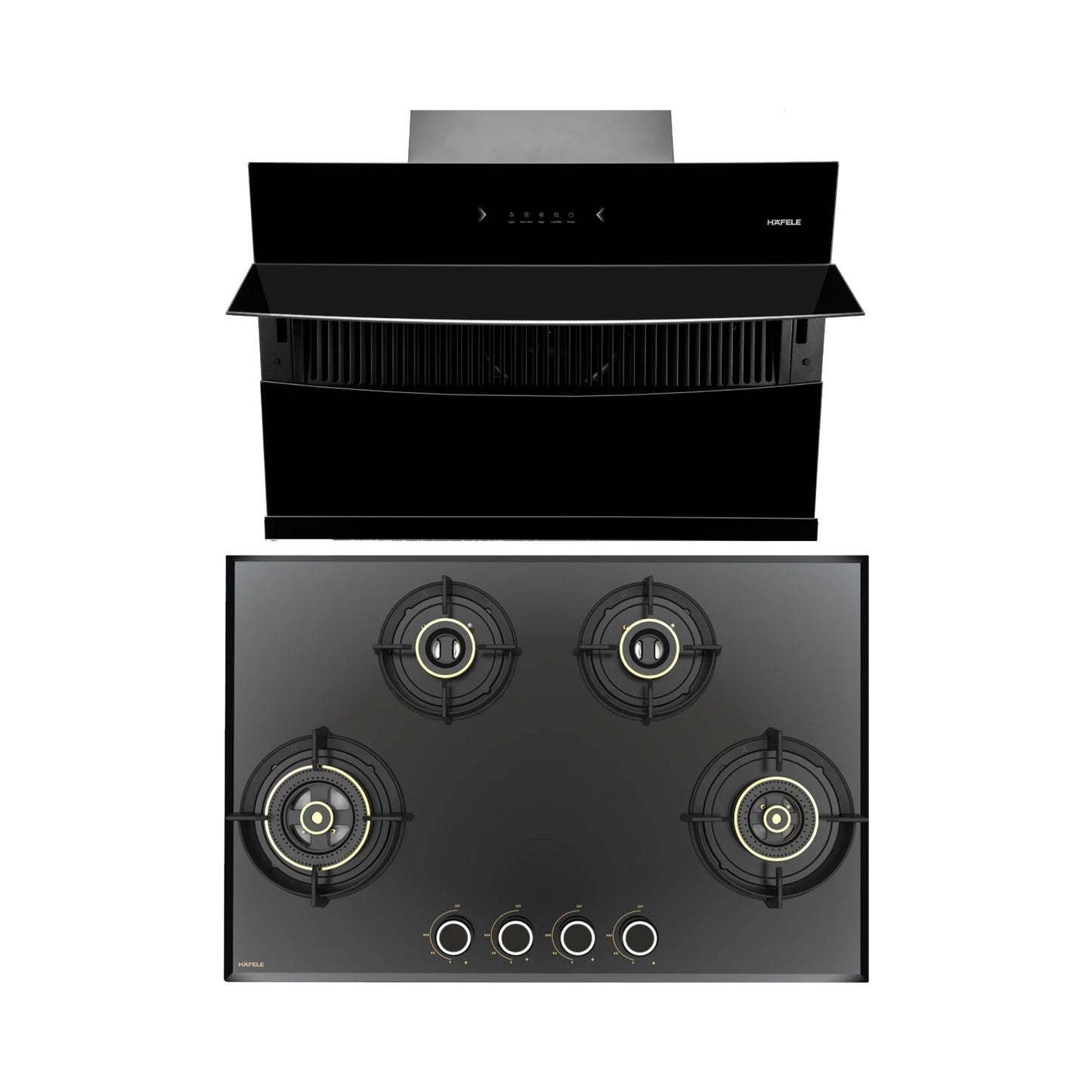 Hafele 90 cm Wall Mounted Chimney RHINE 90 + Hafele 78 cm 4 Burner Hob Altius Series ALTIUS FS 480