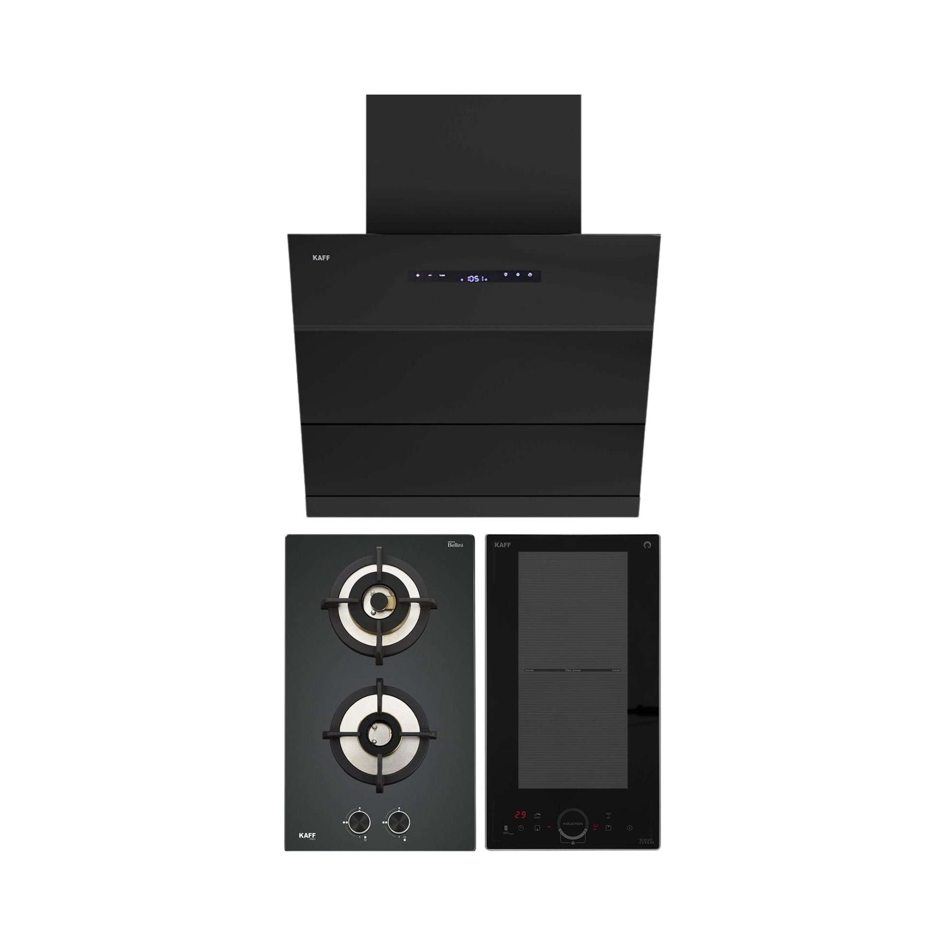 Kaff 60 cm Wall Mounted Chimney LYNN 60 DC BLDC + Kaff 30 cm 2 Burner Hob Bellini F BLHF 302X + Kaff 2 Zones Induction Hob IND 32