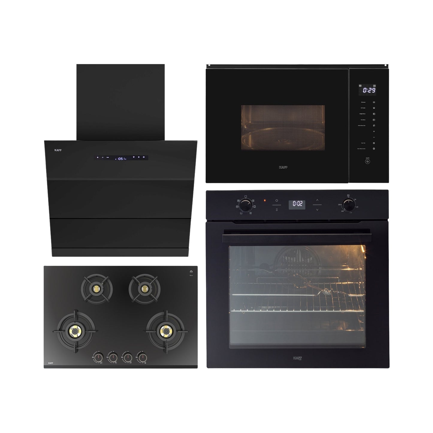 Kaff Built In Oven With Air Fryer OV 81 GIKAFR + Kaff Built-In Microwave KMW HN 6 BLK + Kaff 75 cm Wall Mounted Chimney LYNN 75 DC BLDC + Kaff 78 cm 4 Burner Hob Ashford ASF 784