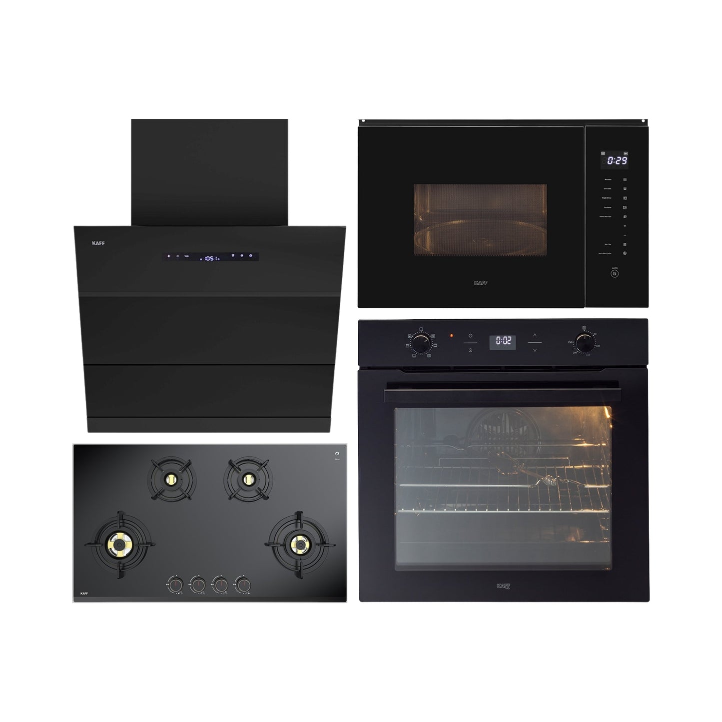 Kaff Built In Oven With Air Fryer OV 81 GIKAFR + Kaff Built-In Microwave KMW HN 6 BLK + Kaff 90 cm Wall Mounted Chimney LYNN 90 DC BLDC + Kaff 90 cm 4 Burner Hob Ashford Series ASF 94M