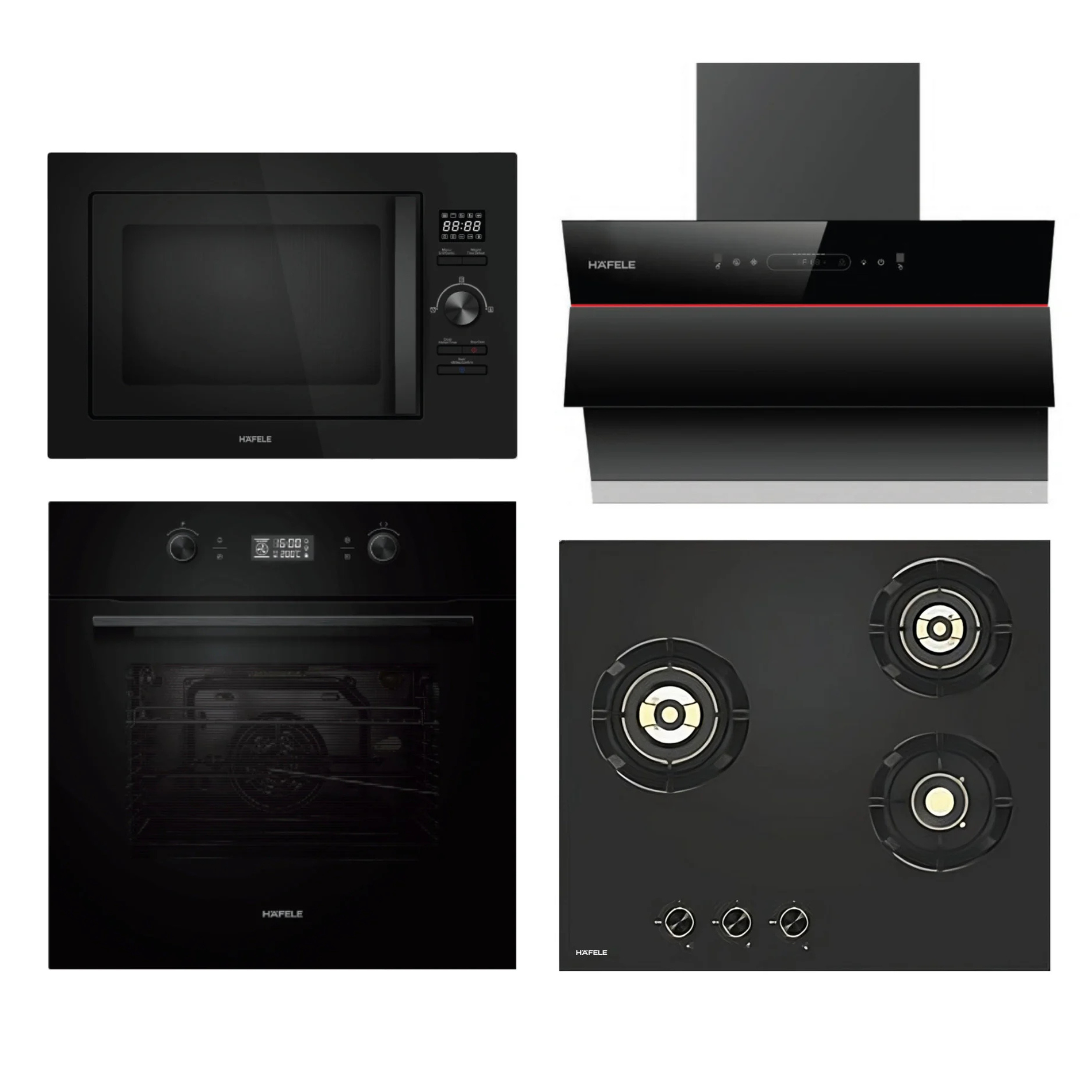 Hafele Built In Oven AURORA 80 + Hafele Built-In Microwave AURORA 25 + Hafele 60 cm Wall Mounted Chimney Essentia Series RENATA INCLINED 60 + Hafele 60 cm 3 Burner Hob Essentia Series AUGUSTA 360