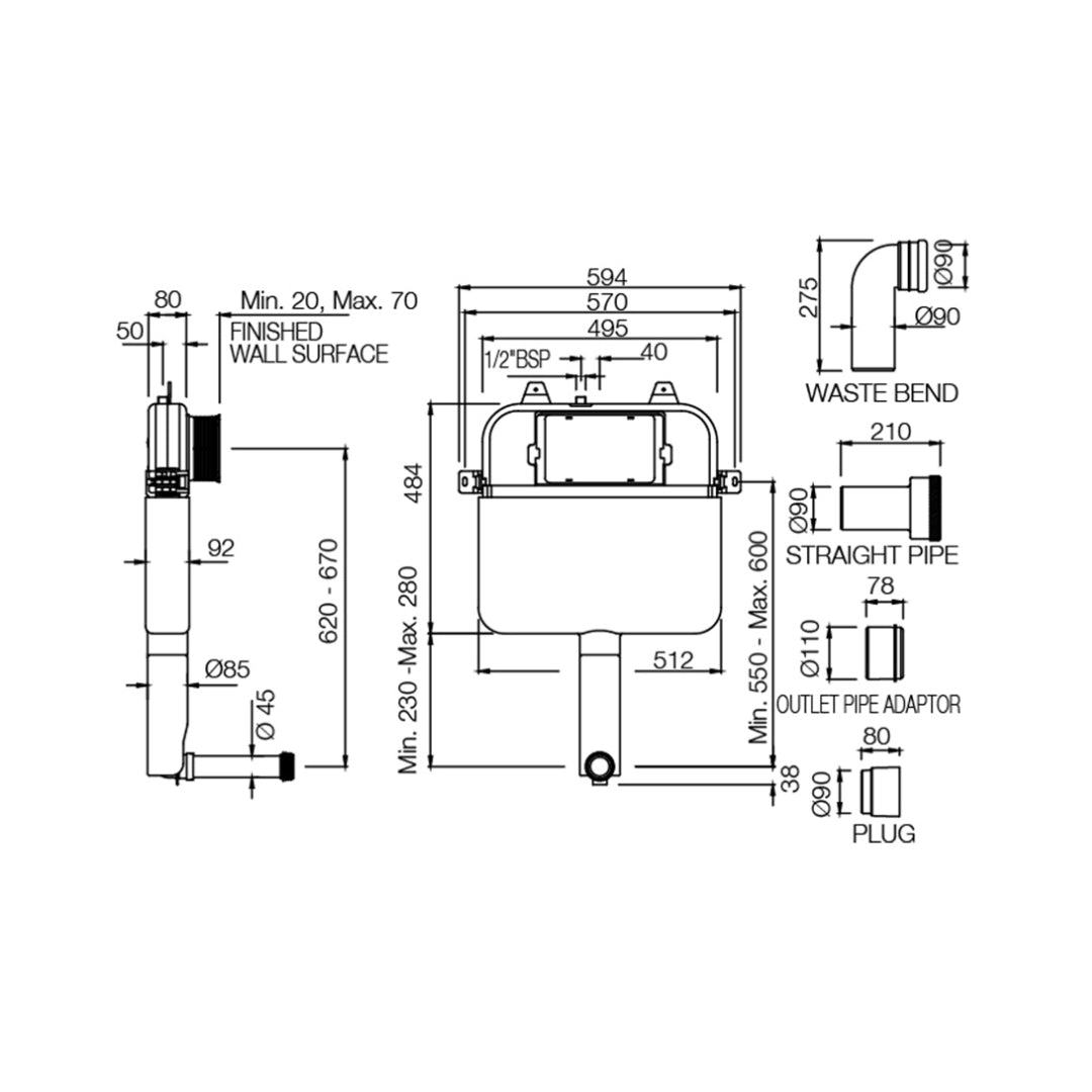 Artize Pneumatic Concealed Wall Mounted Cistern Without Frame APC-WHT-5012500P - White