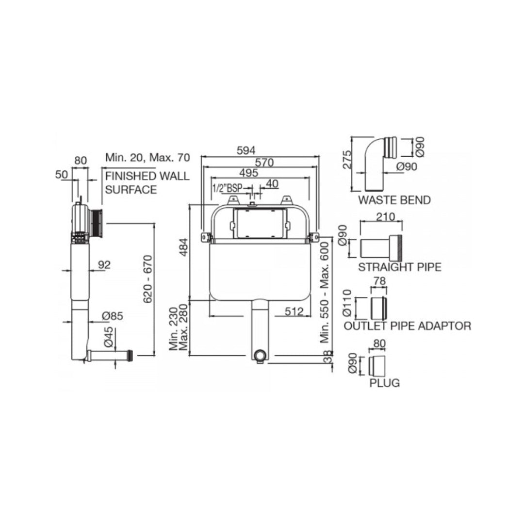 Artize Pneumatic Concealed Wall Mounted Cistern Without Frame APC-WHT-5012500S - White