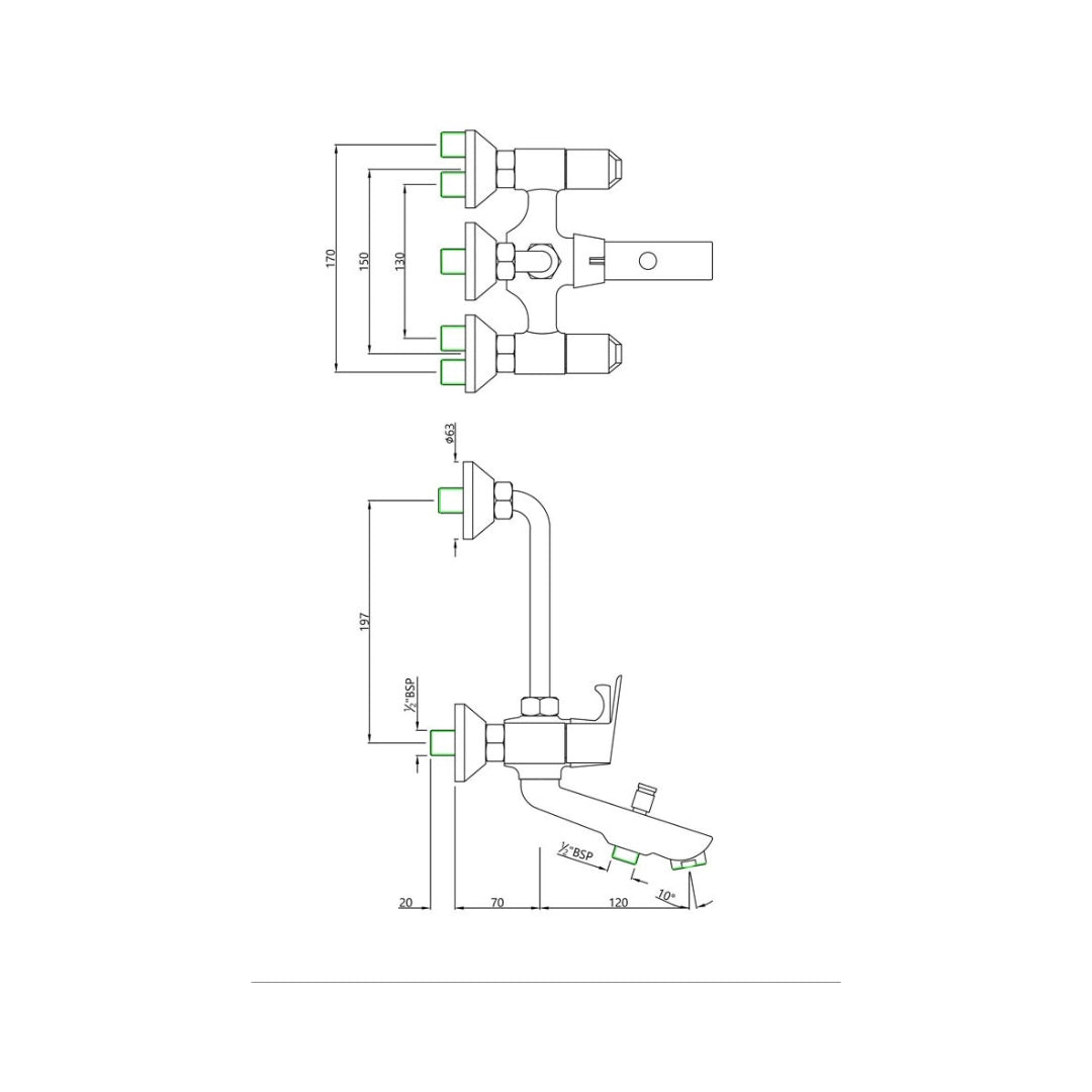 Essco 3 Way Wall Mixer Aspire APR-CHR-101281 - Chrome Finish