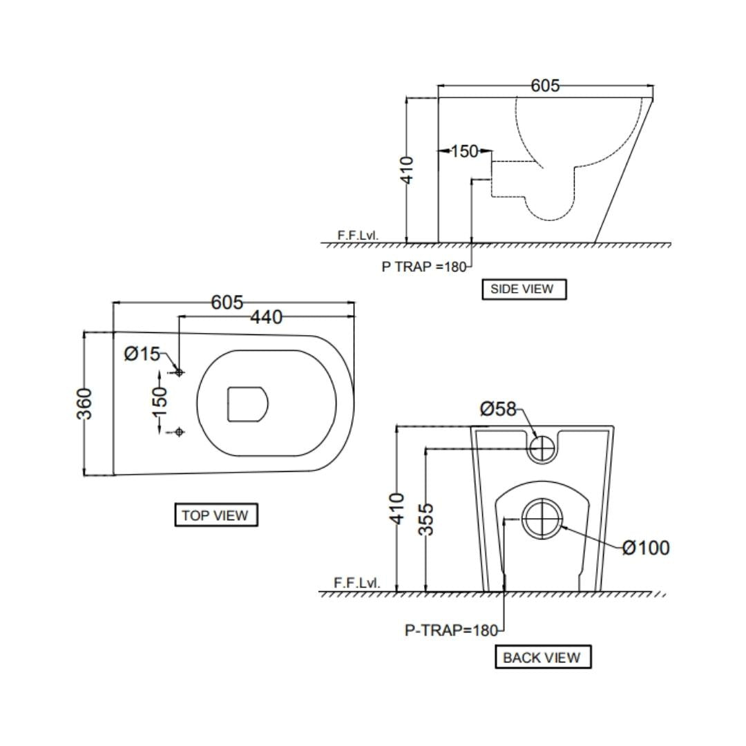 Jaquar Wall Mounted White Closet WC Aria ARS-WHT-39955P180UFSM with P-Trap