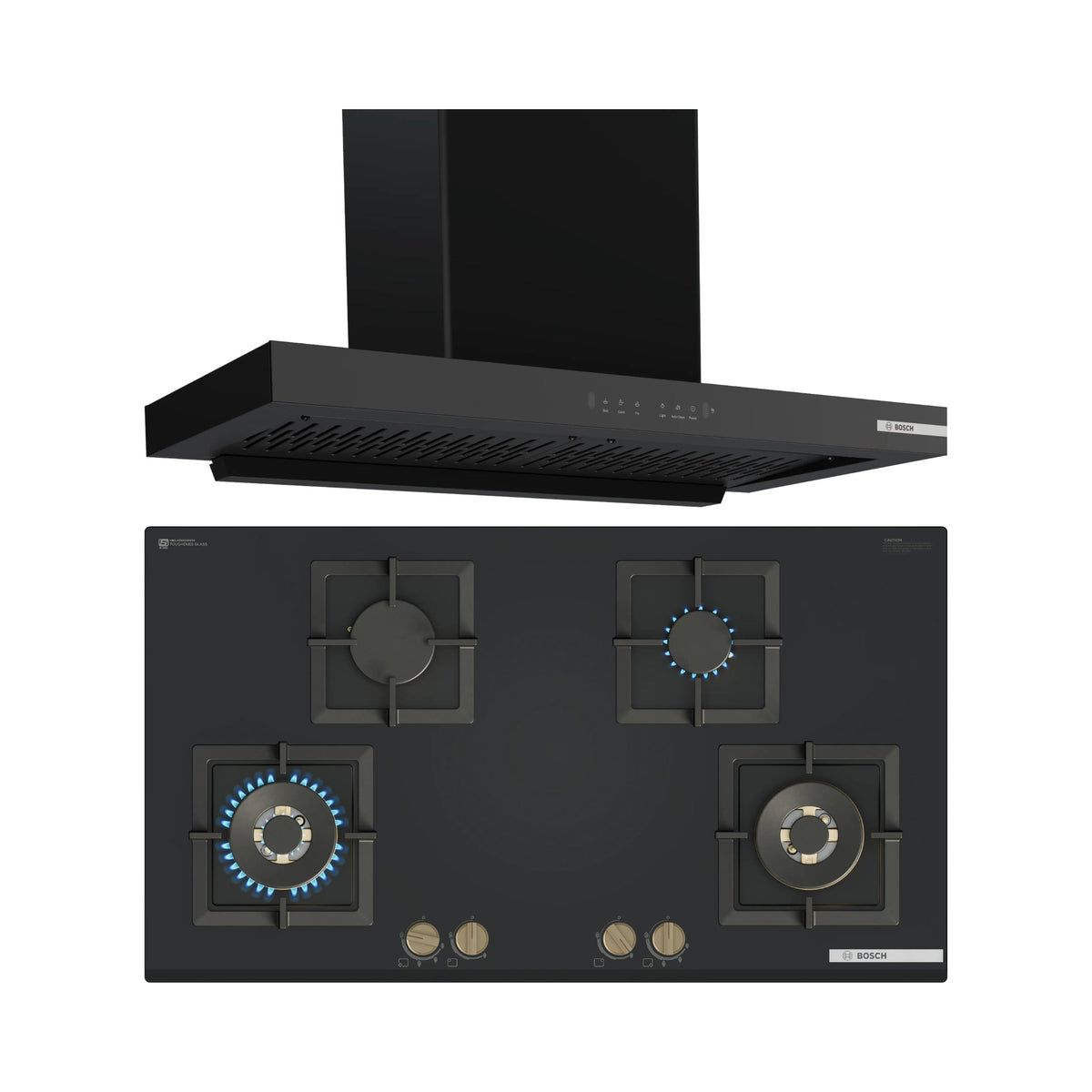 Bosch 90 cm Wall Mounted Chimney DWB98IJ60I + Bosch 90 cm 4 Burner Hob Series 6 PNF9B6G21I