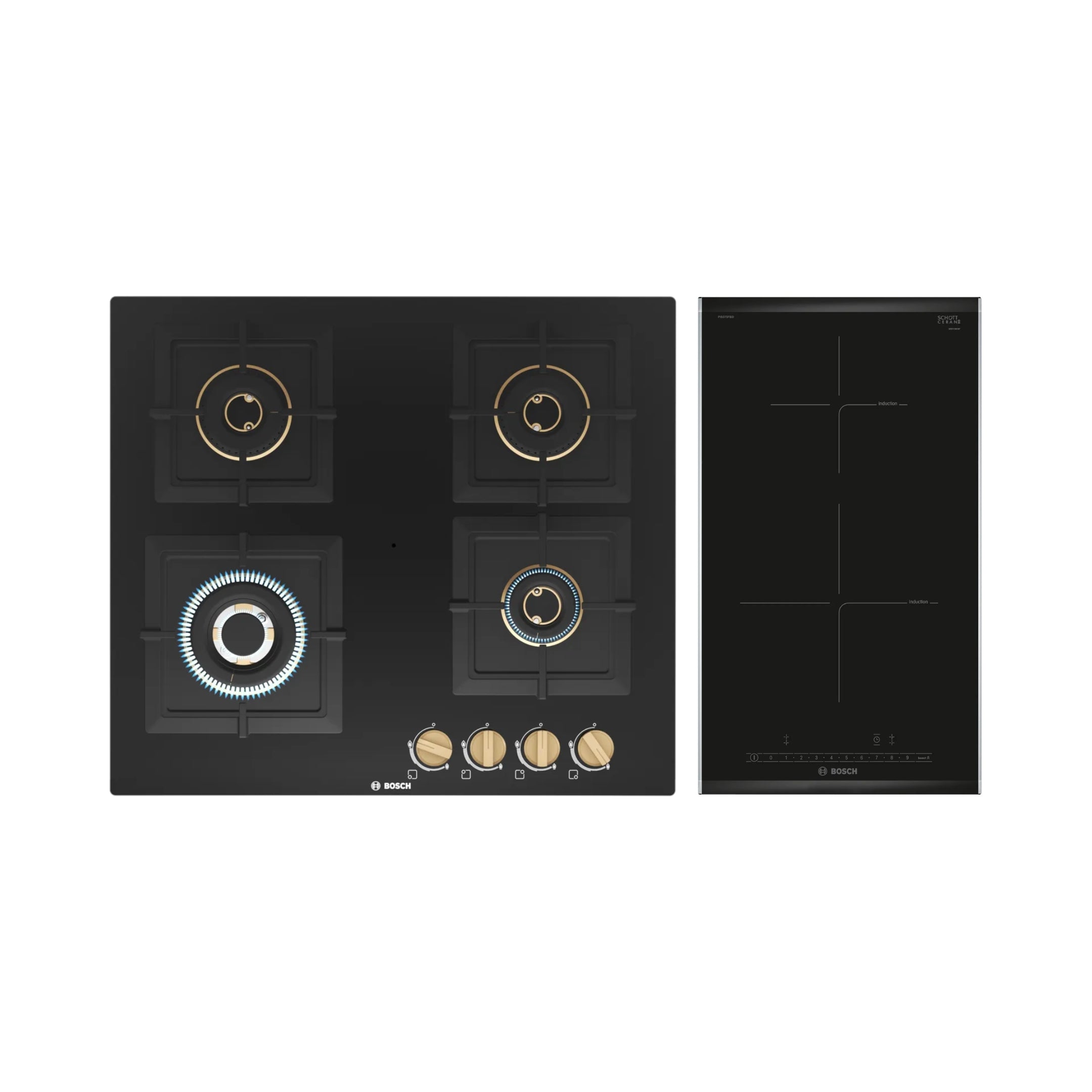 Bosch 60 cm 4 Burner Hob True Brass 2D PNH6B6F20I + Bosch 2 Zones Induction Hob PIB375FB5I