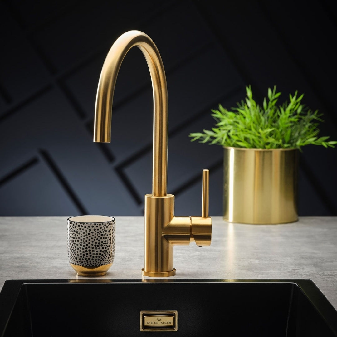Reginox Table Mounted Regular Kitchen Sink Mixer PVD CANO with Extractable Hand Shower Spout in Gold Finish