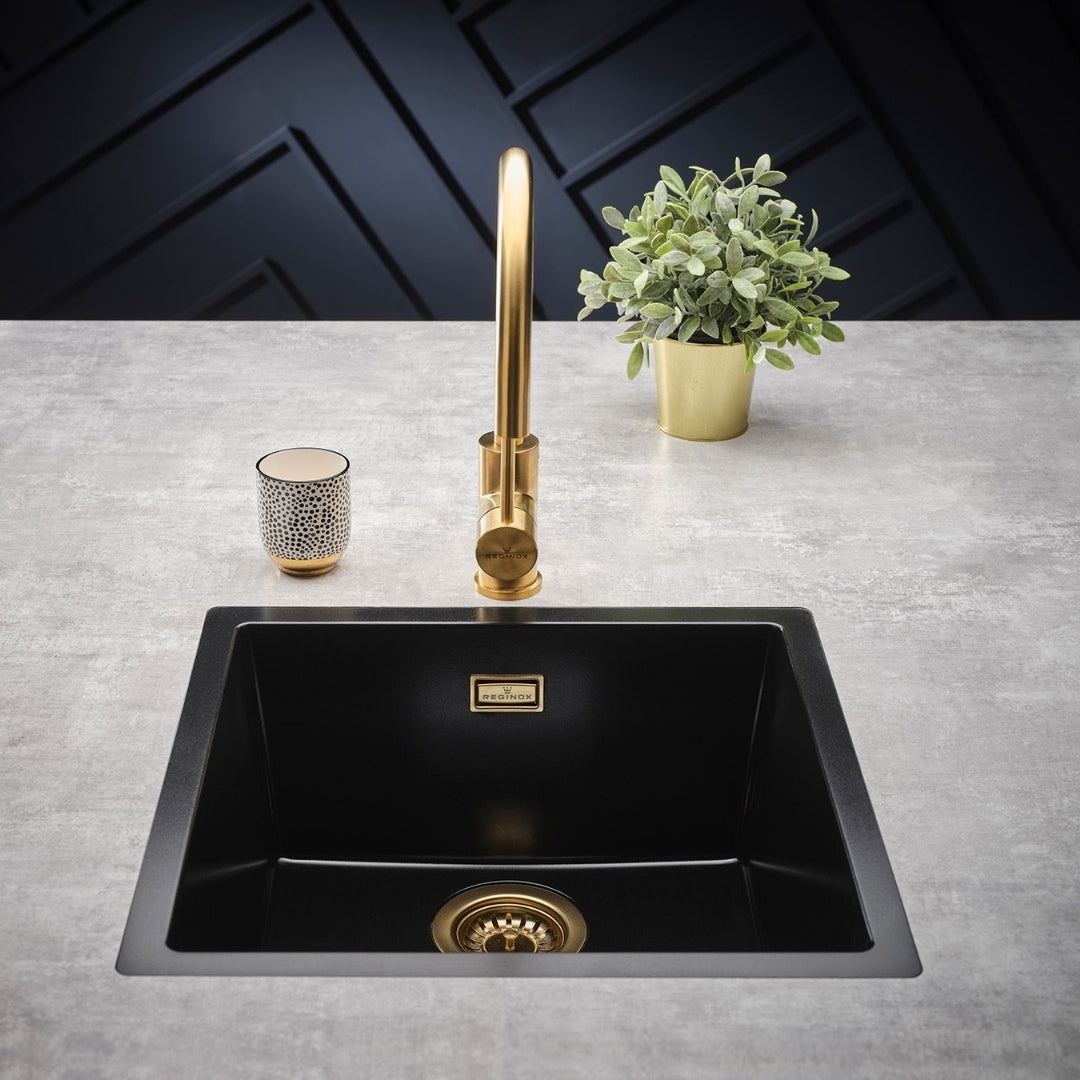 Reginox Table Mounted Regular Kitchen Sink Mixer PVD CANO with Extractable Hand Shower Spout in Gold Finish