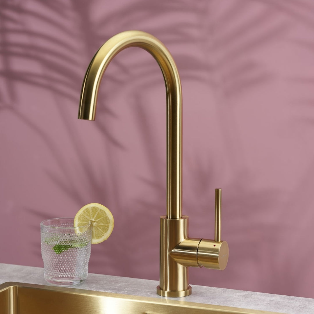 Reginox Table Mounted Regular Kitchen Sink Mixer PVD CANO with Extractable Hand Shower Spout in Gold Finish