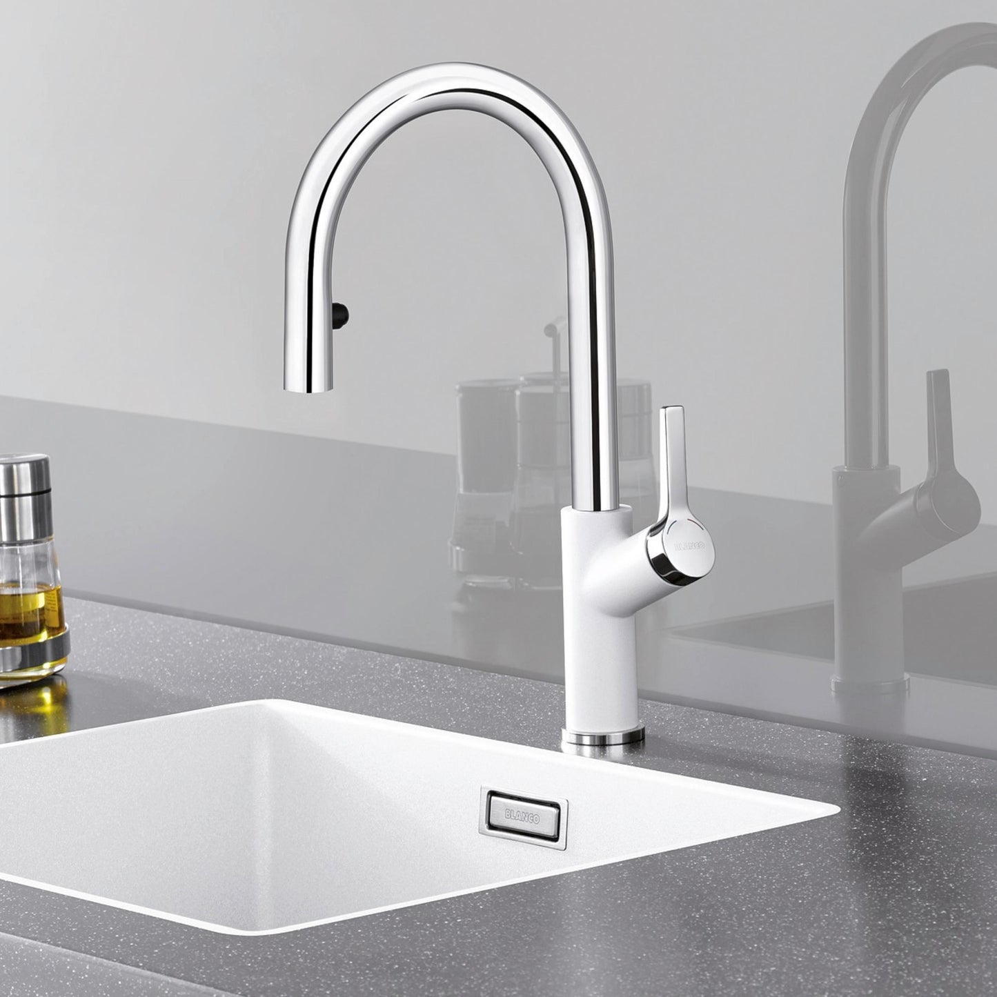 Hafele Table Mounted Pull-Down Kitchen Sink Mixer Blanco CARENA-S-VARIO with Extractable Hand Shower Spout in White Finish