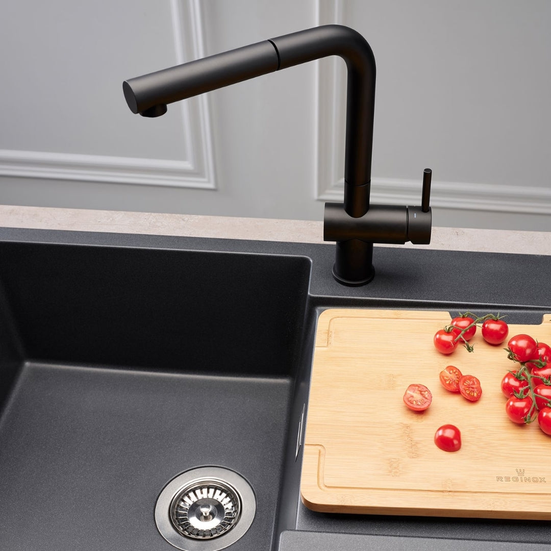 Reginox Table Mounted Pull-Out Kitchen Sink Mixer CEDAR with Extractable Hand Shower Spout in Black Finish