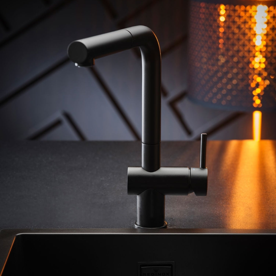 Reginox Table Mounted Pull-Out Kitchen Sink Mixer CEDAR with Extractable Hand Shower Spout in Black Finish