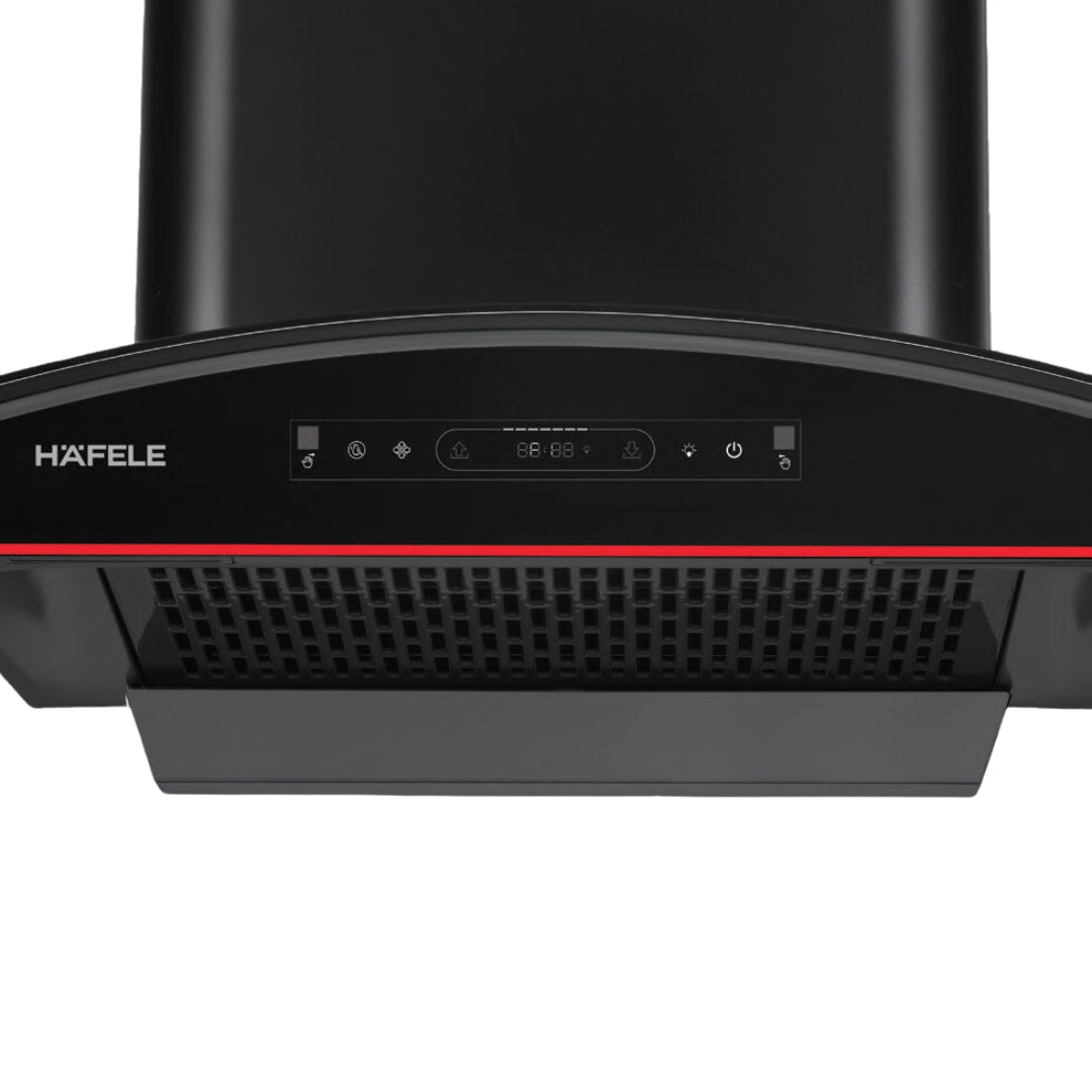 Hafele 90 cm Wall Mounted Chimney Essentia Series RENATA CURVED 90 + Hafele 90 cm 4 Burner Hob Essentia Series AUGUSTA 490