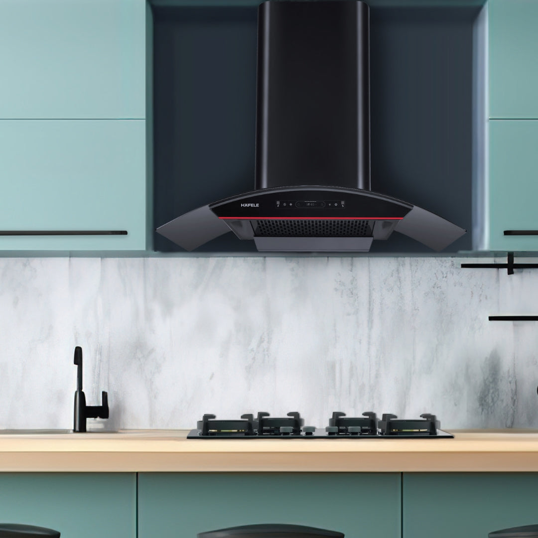 Hafele 90 cm Wall Mounted Chimney Essentia Series RENATA CURVED 90 + Hafele 90 cm 4 Burner Hob Essentia Series VERENA 490