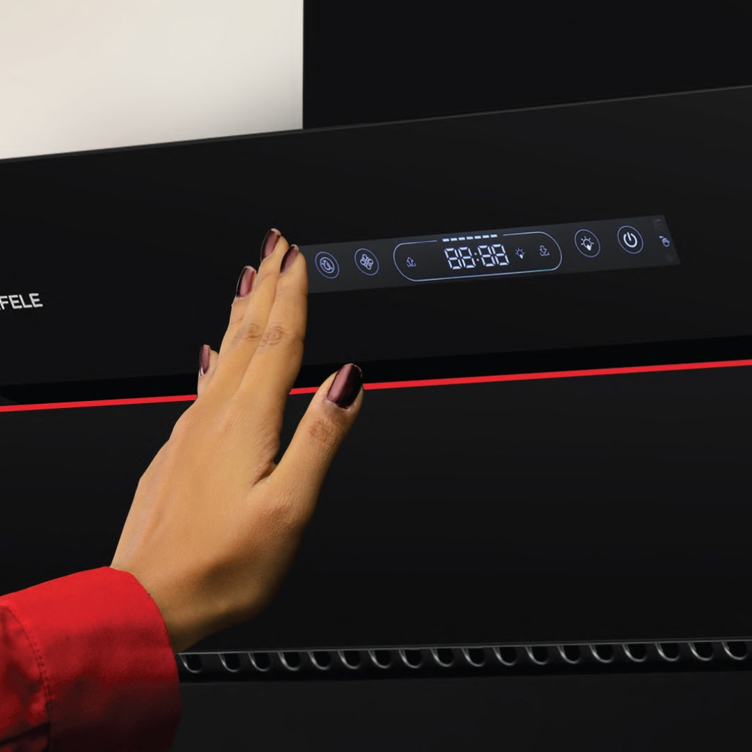 Hafele Built In Oven AURORA 80 + Hafele Built-In Microwave AURORA 25 + Hafele 60 cm Wall Mounted Chimney Essentia Series RENATA INCLINED 60 + Hafele 70 cm 4 Burner Hob Essentia Series AUGUSTA 470 + Hafele Free Standing Dishwasher AQUA NOIR 13 FS with 13 Place Settings